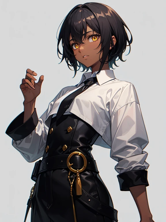SFW, a dark-skinned androgynous person, short black hair that also has bright yellow eyes