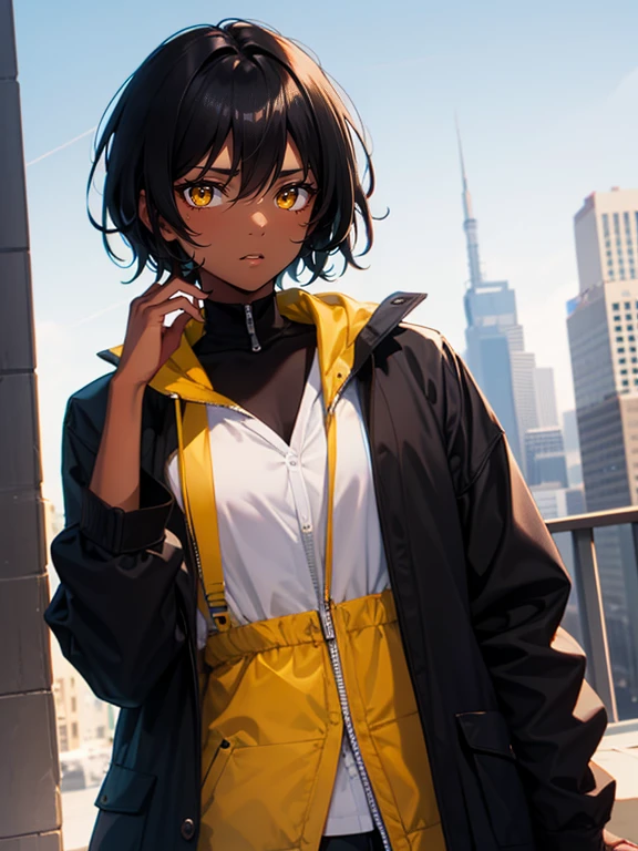 SFW, a dark-skinned androgynous person, short black hair that also has bright yellow eyes