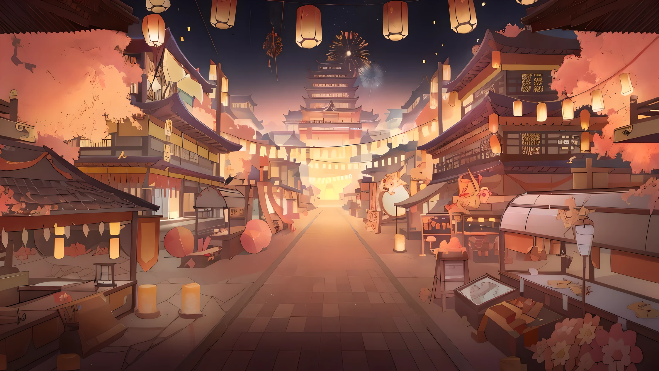 Anime style lantern street illustration, background artwork, background art, Dream Chinatown, anime background art, 色彩缤纷的anime background, summer festival night, Colorful Fox City, small town background, anime background, Anime Landscape Concept Art, A beautiful artistic illustration, Anime style cityscape, downtown background