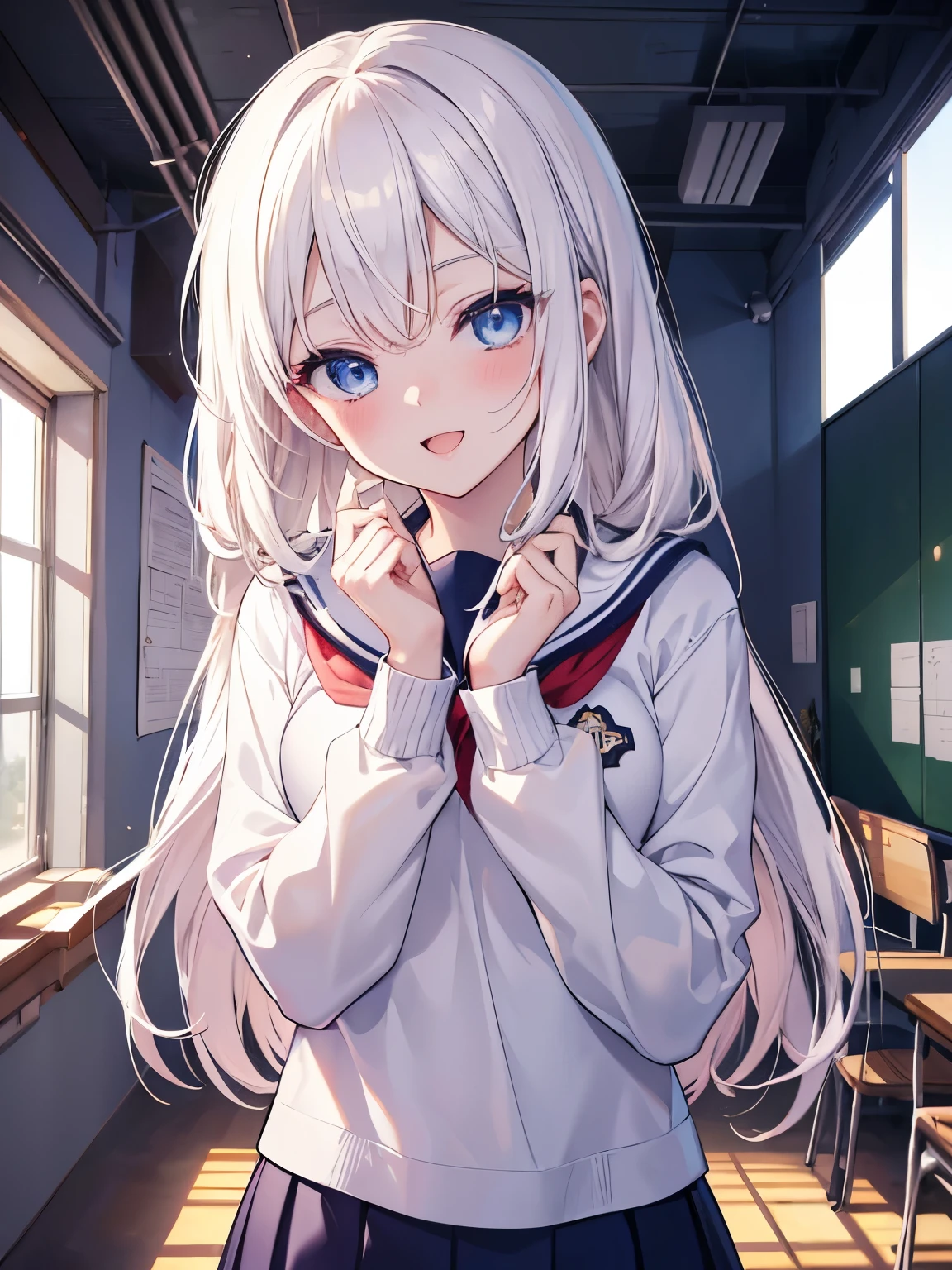 masutepiece, Highest Quality, (Perfect face:1.1), (high detailing:1.1), (ultradetailed eyes), Dramatic, superfine illustration, Extremely detailed, 1girl in, (pale skin), long white hair, Ethereal eyes, Blue eyes,tareme, ,blush,Solo,Smile, Happy, Laugh together,Enjoy,open mouth, Pouty lips,Cinematic lighting,looking up, learning forward,upper body,{Long sleeve,school uniform, sailor suit,NAVY skirt}cheerleading pose,school,indoor