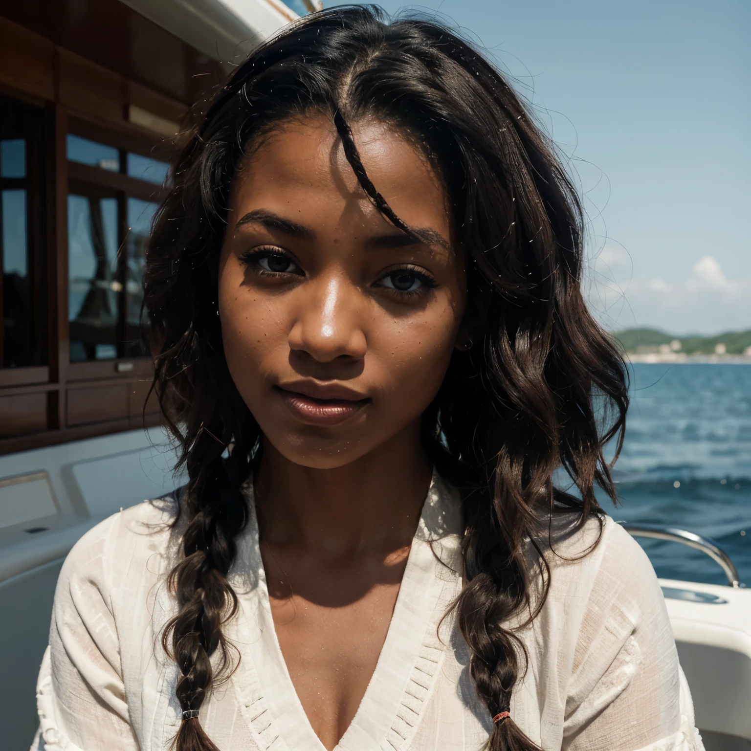 Generate a highly realistic image of a dark-skinned black woman on a boat. Her hair should be a deep, natural black, possibly styled in elegant braids or curls, each detail highlighted by the natural light surrounding the water. Her facial features must be intricately detailed: her eyes are a rich, dark brown, almost ebony, with complex irises; her nose is well-defined and prominent; and her lips are full with a natural, darker hue, displaying realistic textures. Her skin should be a deep, dark brown, with a texture that captures the nuances of light reflecting off the water and the outdoor setting.
She's dressed in a casual yet stylish maritime outfit, suitable for a boat setting, with fabric textures that appear realistic, comfortable, and fashionable against the nautical backdrop.
The boat is depicted in a serene water setting, possibly with the ocean, a lake, or a river in the background. The surrounding environment includes elements like distant land, other boats, or a clear sky. The lighting is natural and bright, typical of an outdoor, daytime setting, casting soft shadows and creating a fresh, lively atmosphere. The focus is on the woman, capturing her as the central, striking figure against the backdrop of the serene and expansive water landscape.