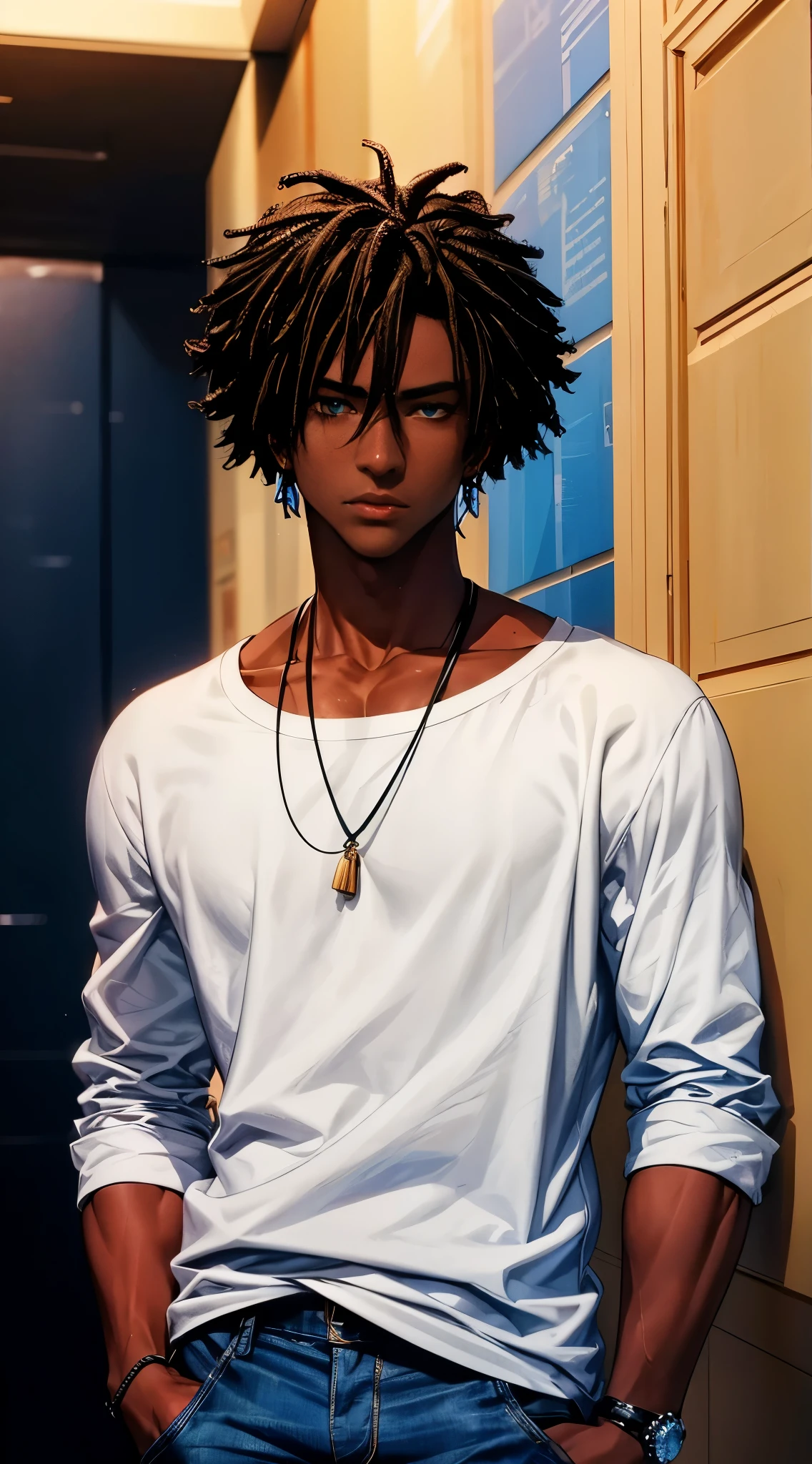 (best quality:1.1),original, 1man, A handsome man with dark skin, African American man with natural hair, short hair, buzzcut, ebony nose, broad shoulders, tall, masculine, dressed in blue urban clothes and demin jeans, cartoon,anime illustrations, style is abstract masculine beauty, Sundaratang, charming character illustrations, folklore --ar 2:3 --v 6.0
