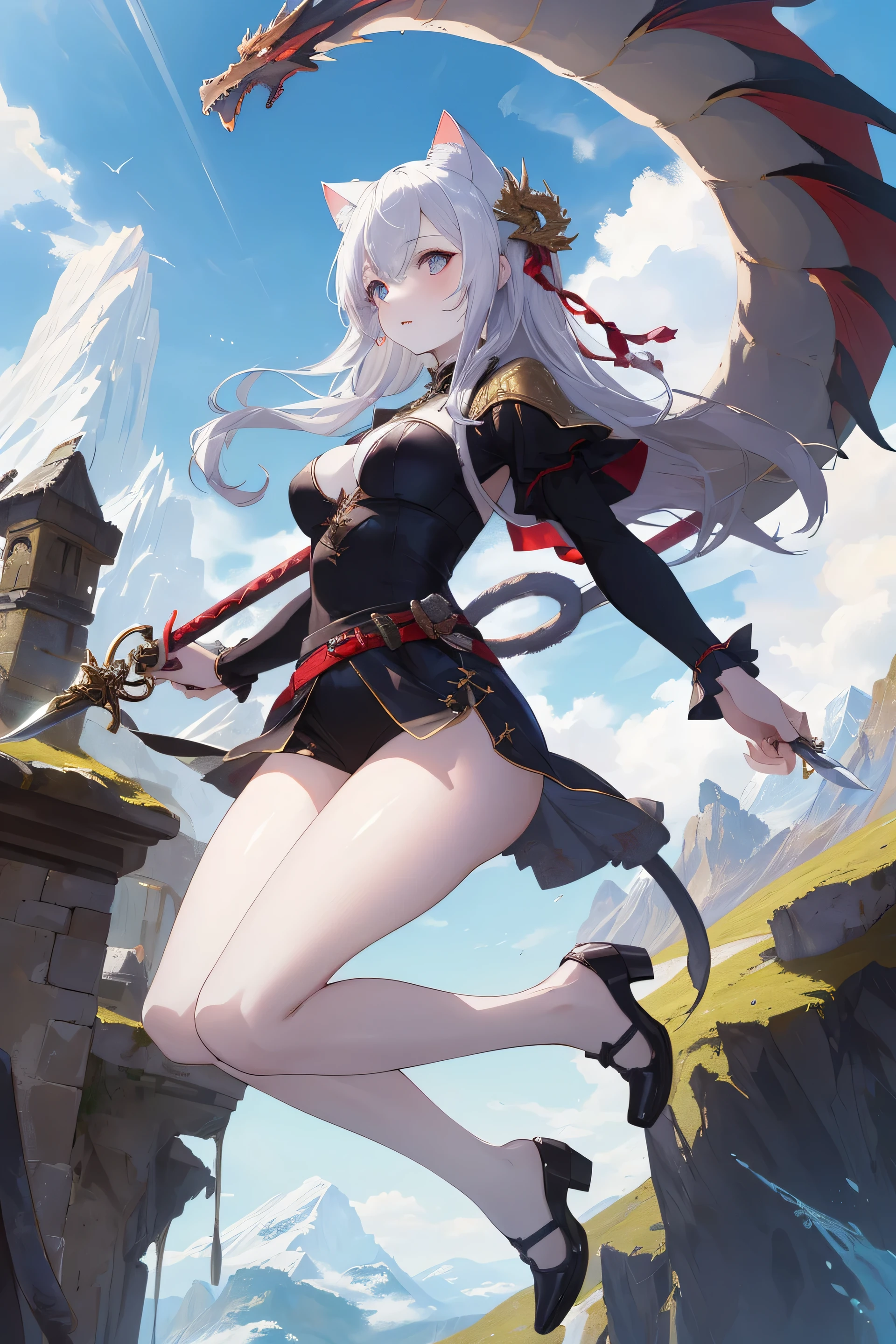 ((masterpiece, highest quality, 8K, High resolution:1.3)), 1 girl, Cat ear, white skin, medium breasts, pointed chest, The mountain where the dragon lives々, fantasy, jumping, Take a knife, 