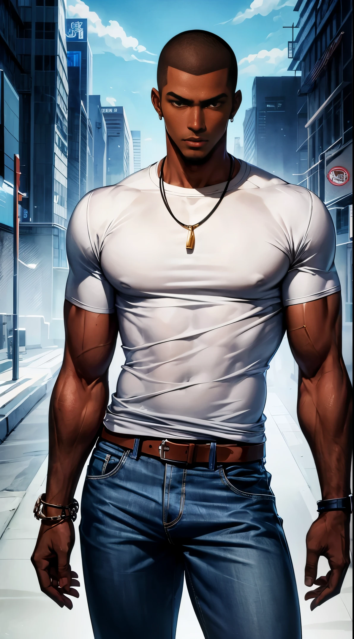 (best quality:1.1),original, 1man, A handsome man with dark skin, African American man with natural hair, short hair, buzzcut, ebony nose, broad shoulders, tall, masculine, dressed in blue urban clothes and demin jeans, cartoon,anime illustrations, style is abstract beauty, Sundaratang, charming character illustrations, folklore --ar 2:3 --v 6.0