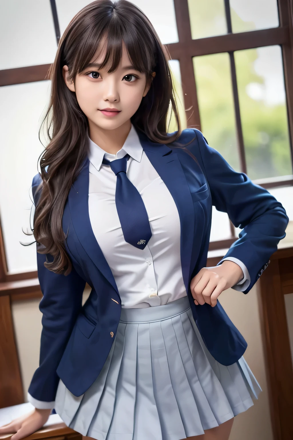 8K, highest quality, real image, intricate details, Super detailed, ultra high resolution, depth field,(realistic,realistic:1.2),table top , frontal shot , From the middle , 1 girl, eye_Chan, very beautiful 17 year old girl, innocent big eyes,、beautiful breasts:1.5、非常に詳細なeye:1.2)、(beautiful breasts:1.1)、wavy hair、curly hair、bangs、, perfect skin, Fair skin, huge breasts, put your hand on your chest、cleavage, tight waist, light blush, alone, looking at the viewer, light smile, ((School_uniform),(dark blue blazer), (white shirt、Wearing a tie), (gray pleated skirt), (sculpture installation :1.1)