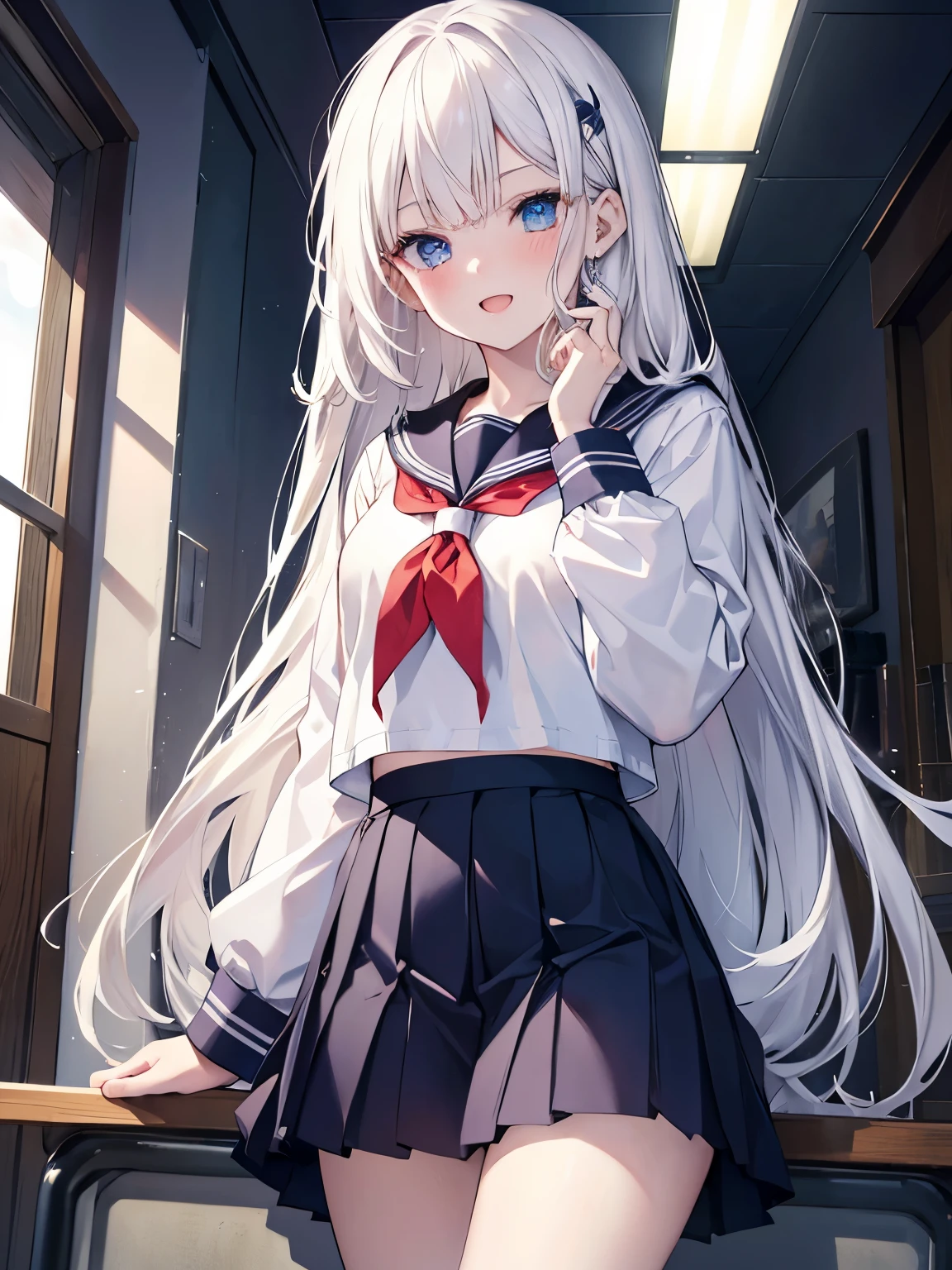 masutepiece, Highest Quality, (Perfect face:1.1), (high detailing:1.1), (ultradetailed eyes), Dramatic, superfine illustration, Extremely detailed, 1girl in, (pale skin), long white hair, Ethereal eyes, Blue eyes,tareme, ,blush,Solo,Smile, Happy, Laugh together,Enjoy,open mouth, Pouty lips,Cinematic lighting, Looking at Viewer, Cowboy Shot,Long sleeve, long sleeve,school uniform, sailor suit,NAVY skirt,school,indoor