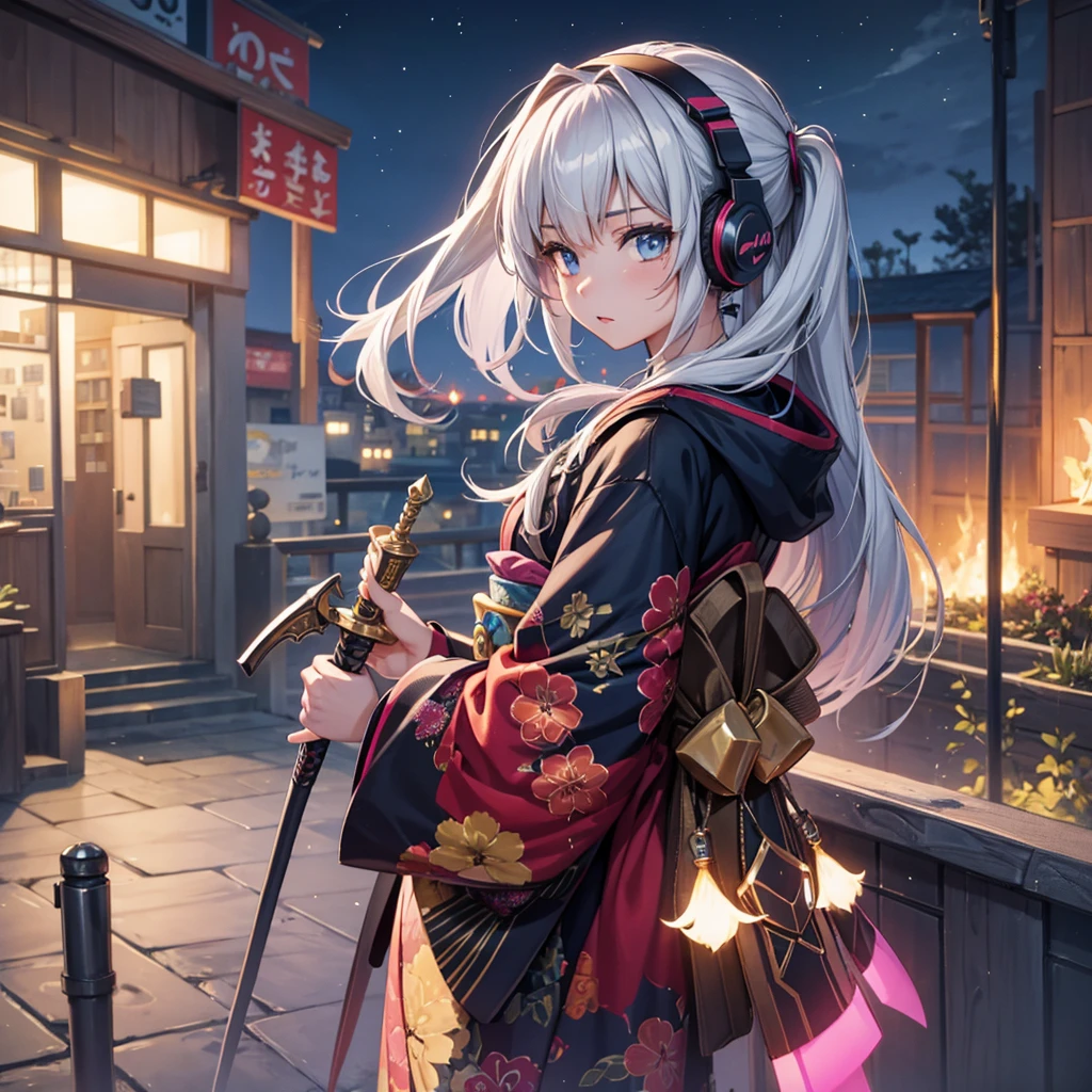 Cyber ​​world　landscape, colorful kimono, electronic world, one girl,, headphones, (with weapons, sword, buki), photorealistic, sparkling