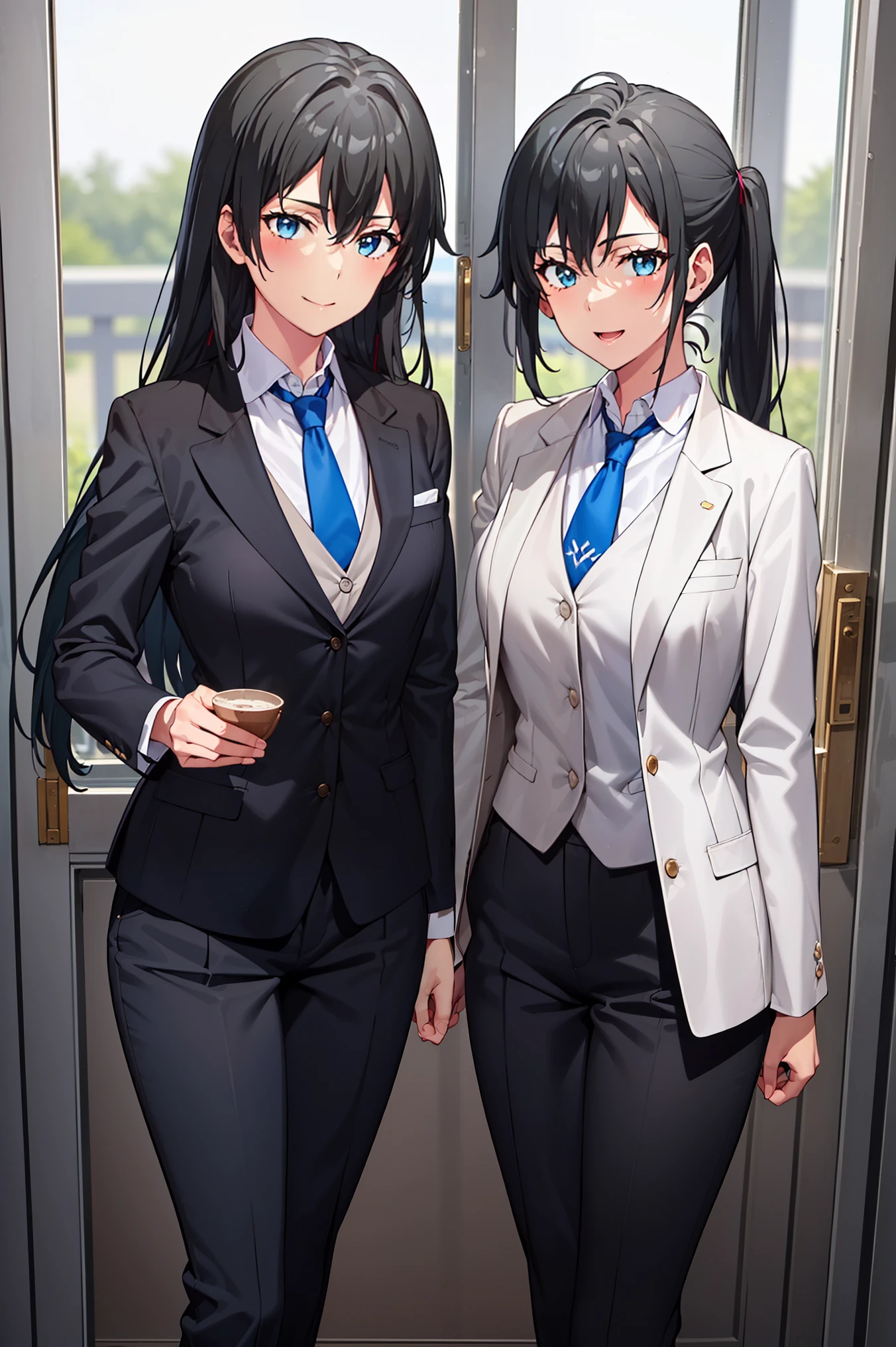 ((best quality)), ((masterpiece)), (detailed) 1girl 1girl, ;\), blurry, blurry_background, breasts, , hair_long , looking_at_viewer, ok_sign, one_eye_closed, open_hand, Yukinoshita Yukino ,Woman wearing formal clothes, An attractive coat stands in a large gap in the room , 1girl, 独奏, blue necktie, Black hair, eyes blue, long hair, smile , collared shirt, white pants, white shirt , Elegantly designed coat , Stand in front of a window ,Perfectly tailored tailcoat. It has a stunning Victorian design and is made of lustrous fabric , soft thighs , full body