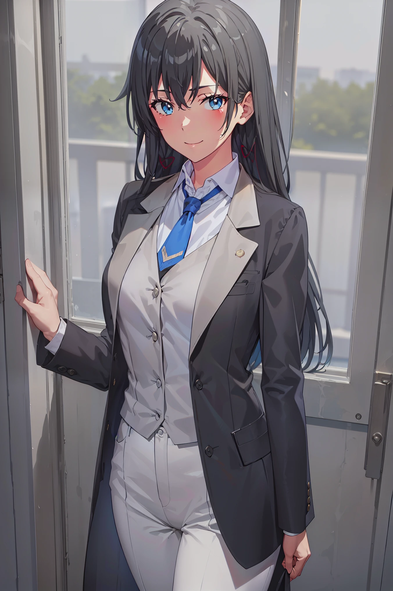 ((best quality)), ((masterpiece)), (detailed) 1girl 1girl, ;\), blurry, blurry_background, breasts, , hair_long , looking_at_viewer, ok_sign, one_eye_closed, open_hand, Yukinoshita Yukino ,Woman wearing formal clothes, An attractive coat stands in a large gap in the room , 1girl, 独奏, blue necktie, Black hair, eyes blue, long hair, smile , collared shirt, white pants, white shirt , Elegantly designed coat , Stand in front of a window ,Perfectly tailored tailcoat. It has a stunning Victorian design and is made of lustrous fabric , soft thighs , full body