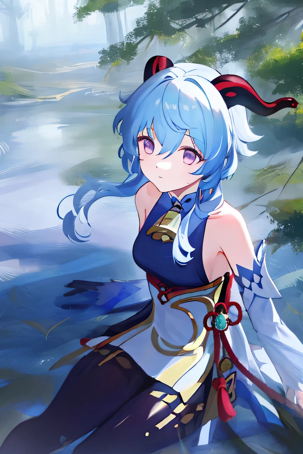 ((1 girl, alone)), masterpiece, superlative, portrait, Super detailed, illustration, close up, Gorgeous background, straight shot, blue hair, purple eyes, (focus on face), Looking into the distance, forest, sun, wind, Butterfly, studio lighting, horizontal, Tree, lake, Everlasting, employment \(Genshin冲击), twin horn, bare shoulders, tights,Genshin,employment