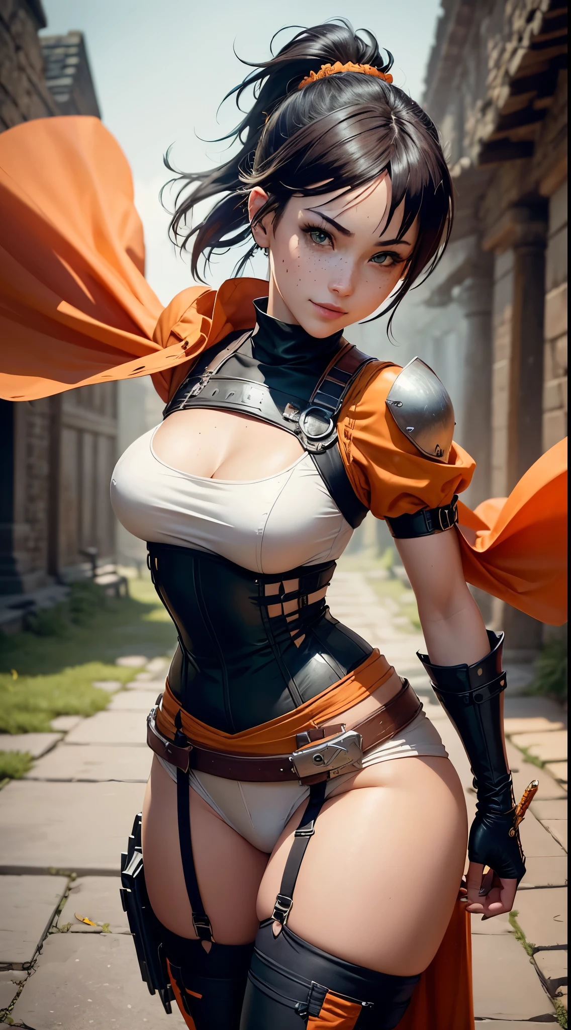 gwen tennyson,1girl,tracer,yorha 2b,rebecca chambers,overwatch,atelier ryza,close up, feudal castle ruins,tattoos,orange and white plugsuit,white short sleeve samurai top,knight pants,harness corset,long samurai ponytail hair,punk makeup,green eyes,multicolored silver hair,long dress train,sexy smile,freckles,beautiful girl,thigh high samurai boots,large breasts,8k,ultra detailed,realistic,fantasy art,feudal samurai armor,feudal gown dress,hair pin,samurai ear piercings,lotus hand and neck jewelry,(weather:windy),long orange ninja cloak,(pose:ready to fight),leaves flying,katana sword,