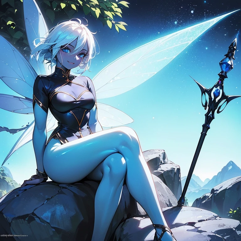 (((I want a fairy woman, with black skin, Detailed blue eyes, sparkling colored wings, body with simple curves, white hair gradient, holding a wand with magic, sitting on a rock surrounded by nature, sweet smile and beautiful clothes)))