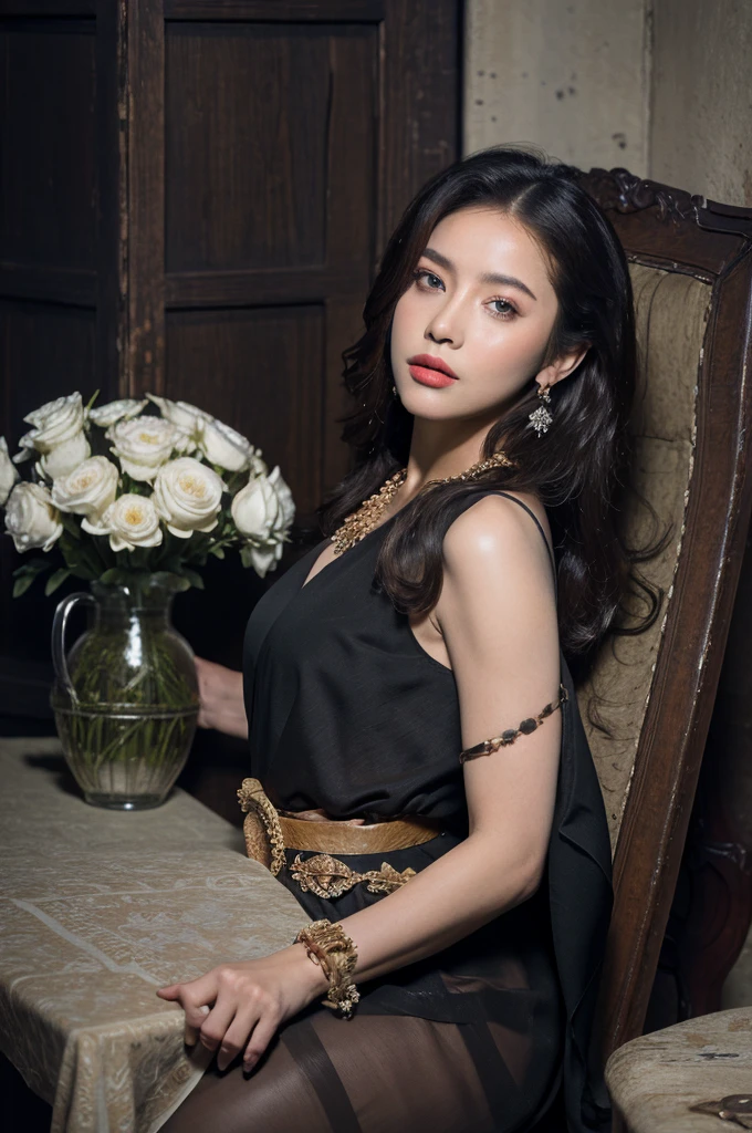 (realistic:1.4),(masterpiece:1.2), (best quality:1.2),looking at viewer,dramatic angle,dramatic pose,(cowboy shot:1.2),
1girl,(black sabai),sheer white dress,(jewelry),showing right shoulder
,