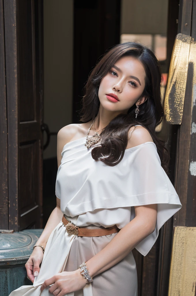 (realistic:1.4),(masterpiece:1.2), (best quality:1.2),looking at viewer,dramatic angle,dramatic pose,(cowboy shot:1.2),
1girl,(black sabai),sheer white dress,(jewelry),showing right shoulder
,