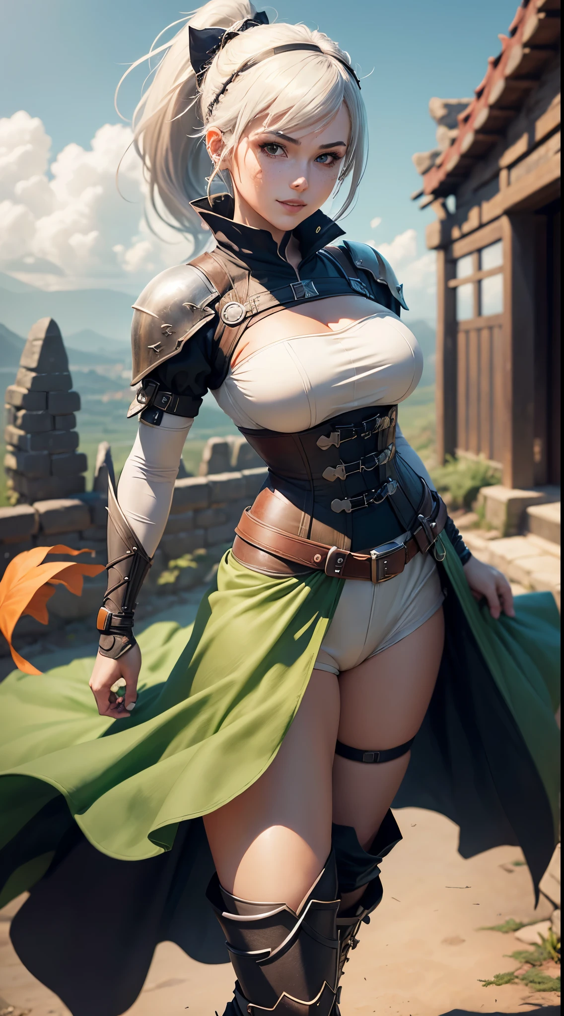 gwen tennyson,yorha 2b,tracer,claire farron,1girl,overwatch,atelier ryza,close up,battlefield view,tattoos,royal red and white plugsuit,white short sleeve knight top,short sleeve knight full plate armor,long white knight skirt,steel knight corset,long hair,princess makeup,green eyes,multicolored silver hair,long dress train,sexy smile,freckles,beautiful girl, knight thigh high boots,big breasts,8k, ultra detailed,realistic,fantasy art,silver knight uniform,queen gown dress,hair pin,ear piercings,snowflake hand and neck jewelry,(weather:windy),long gray knight cape,holding a sword on each hand,(pose:sword raised ready to attack),