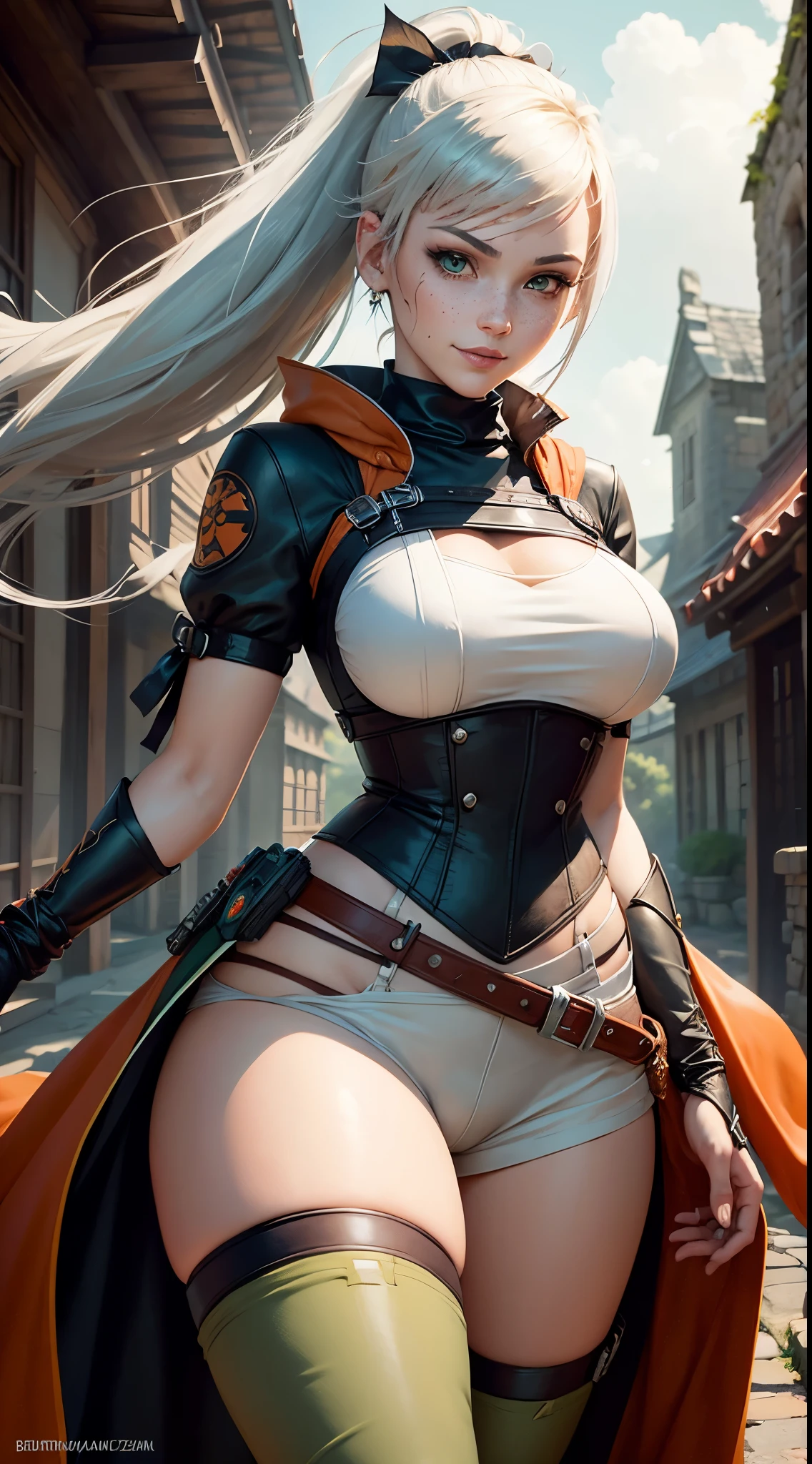 gwen tennyson,1girl,tracer,yorha 2b,rebecca chambers,overwatch,atelier ryza,close up, feudal castle ruins,tattoos,orange and white plugsuit,white short sleeve samurai top,knight pants,harness corset,long samurai ponytail hair,punk makeup,green eyes,multicolored silver hair,long dress train,sexy smile,freckles,beautiful girl,thigh high samurai boots,large breasts,8k,ultra detailed,realistic,fantasy art,feudal samurai armor,feudal gown dress,hair pin,samurai ear piercings,lotus hand and neck jewelry,(weather:windy),long orange ninja cloak,(pose:ready to fight),leaves flying,katana sword,