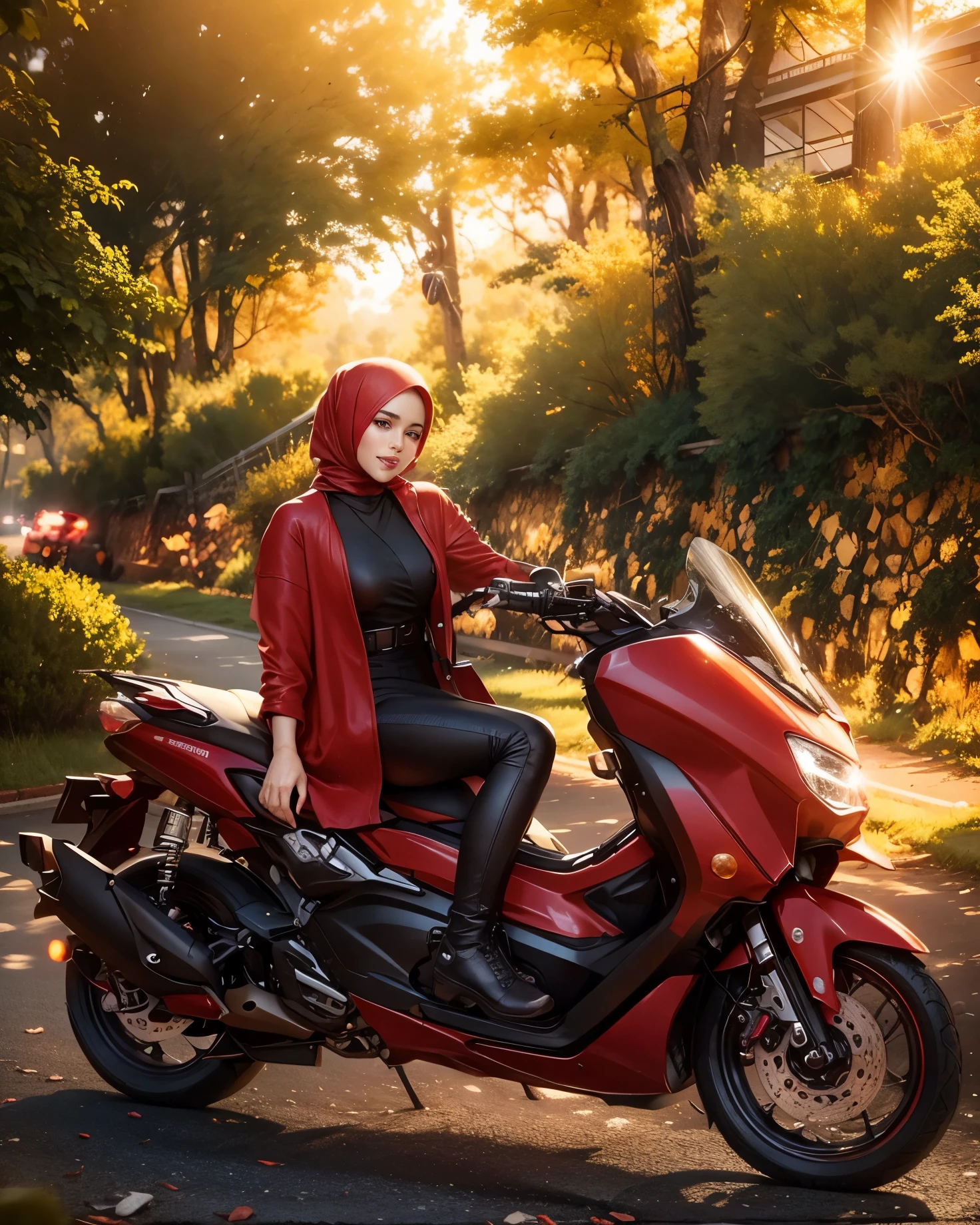 ( hipertealistis, detail,8k ,woman in hijab sitting on a red motorcycle on a street, taken in 2 0 2 0, with sunset, with lovely look, with cape, motorcycle, moped, touring, sitting on a motorcycle, casual clothing style, riding a motorcycle,beutifull girl, check background