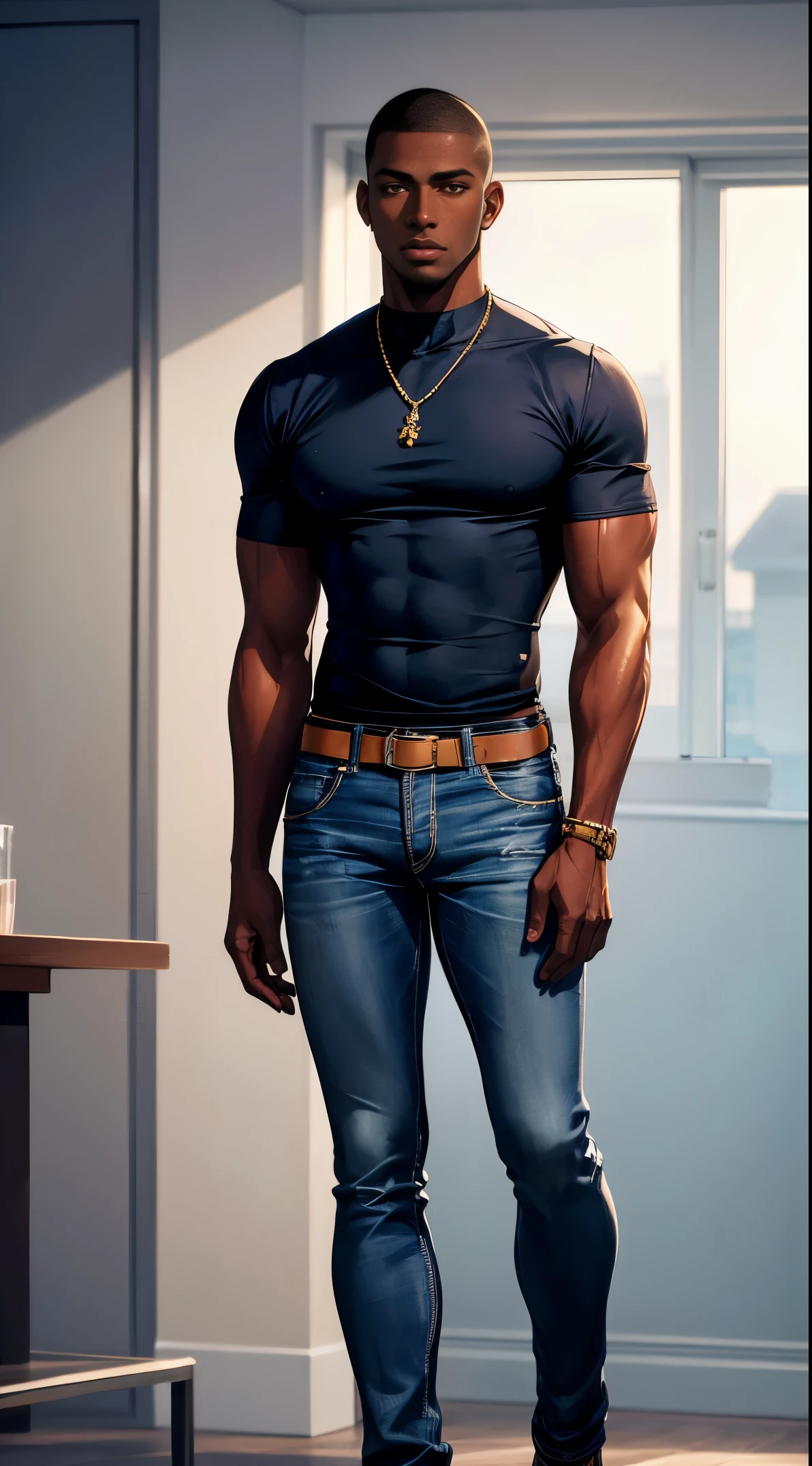 (best quality:1.1),original, 1man,  A handsome man with dark skin, African American man with natural hair, short hair, buzzcut, ebony nose, broad shoulders, tall, masculine, dressed in blue urban clothes and demin jeans, cartoon，anime illustrations, style is abstract beauty, Sundaratang, charming character illustrations, folklore  --ar 2:3 --v 6.0 