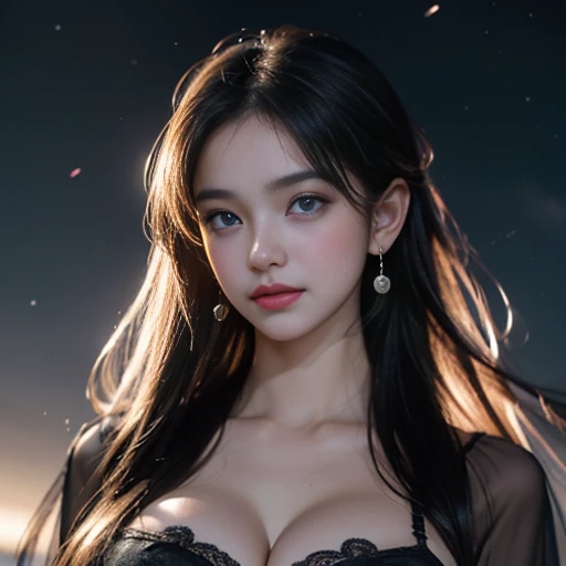 masterpiece,Highest image quality,Super details,best quality ,extremely delicate and beautiful, Very detailed,best quality, official art, Extremely detailed CG unified 8k wallpaper, Huang Li, Huge file size , Super detailed, The best look,high resolution ,海边beach摄影,beach,positive focus bodyesbian;1.5,big watery eyes,Blonde hair, blue eyes,The iest look,Beautiful dreamcatcher earrings,charming smile,Blushed,beautiful face,Beautiful udder,perfect breape,Snow-white breasts,(d radiant skin),(sparkling eyes),Upper body,(night sky,Milky Way,starry sky,),(Thick, neatly styled hair),Kazilan's eyes widened,(business suit),Black lace strappy bra,Black lace long dress,