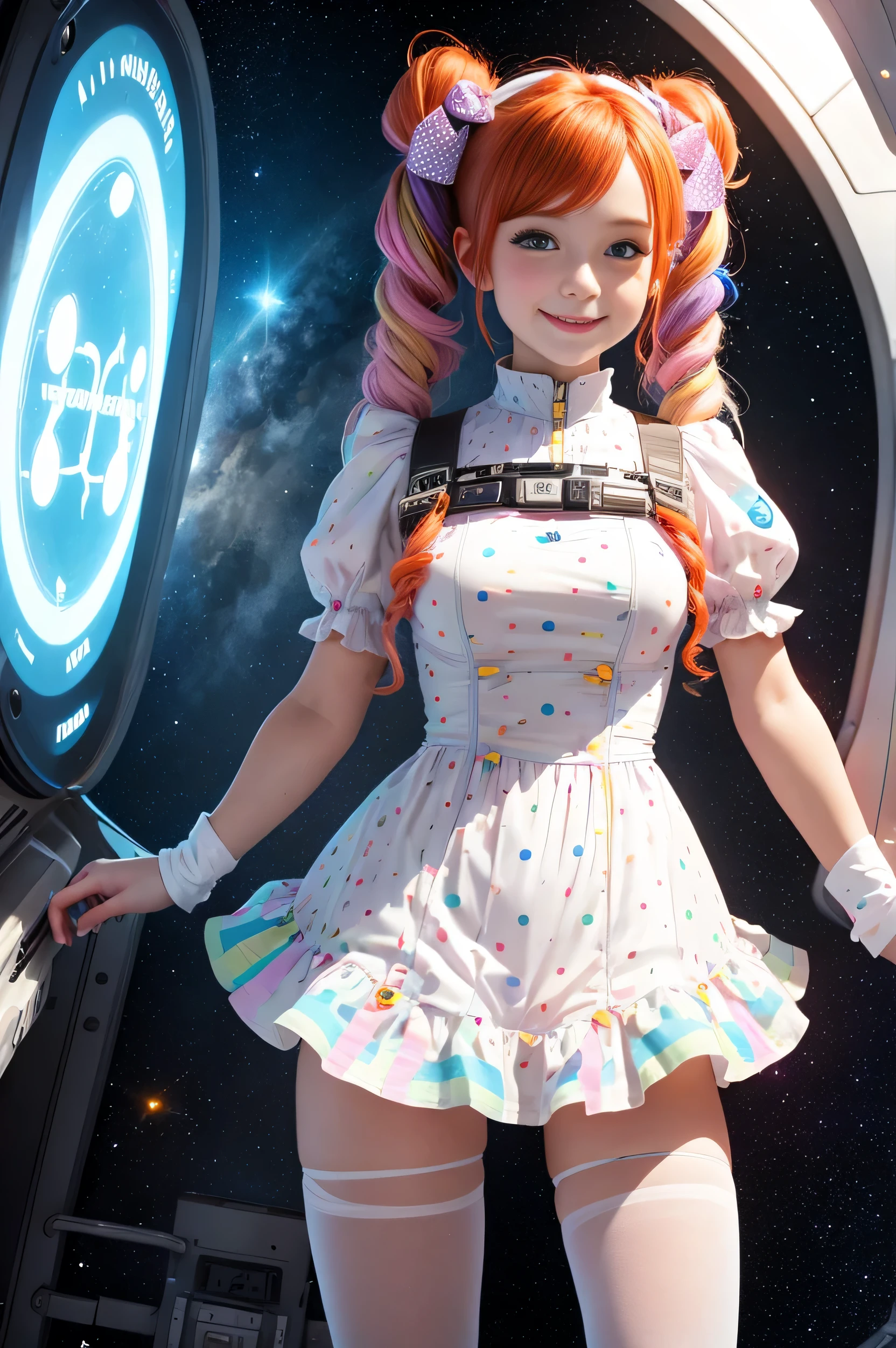 (overhead view) Cute redhead with rainbow colored hair tips, ribbons in her hair, 18-year-old woman, happy, smiling, in twin tails, perfect eyes, clear sparkling blue eyes, pale skin, silky smooth skin, flying a fancy metal luxurious space ship, futuristic cockpit, she's a pilot, outer space, stars in background, dark warm lighting, wearing a futuristic party dress, pleated (chemise) mini dress (pastel rainbow colors, and polka dots), puffy sleeves, silk, wearing full body pantyhose, cute short cut booties, boots.