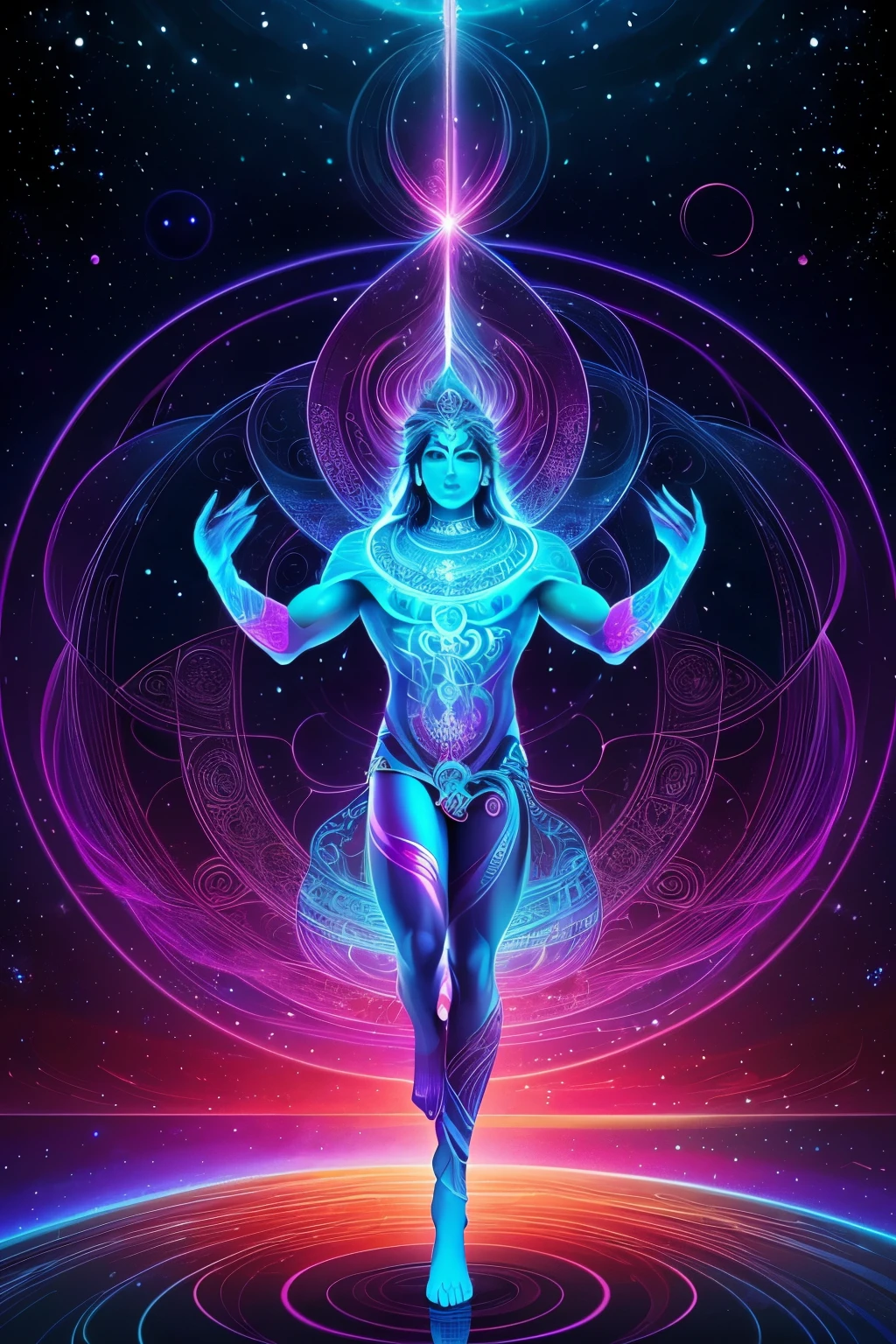 (High resolution, incredibly detailed, masterpiece), portrait of Shiva standing on one leg, exuding divine energy and tranquility, adorned with intricate jewelry and vibrant hues (0.8). The god of destruction serenely balances himself amidst a breathtaking cosmic landscape (1.2), encircled by the vast expanse of a galactic background. Fractal geometry embraces this artistic creation, weaving complex, mesmerizing shapes and patterns that bring to life the intricacy and beauty of the universe, inspired by the transcendental realm of DMT.