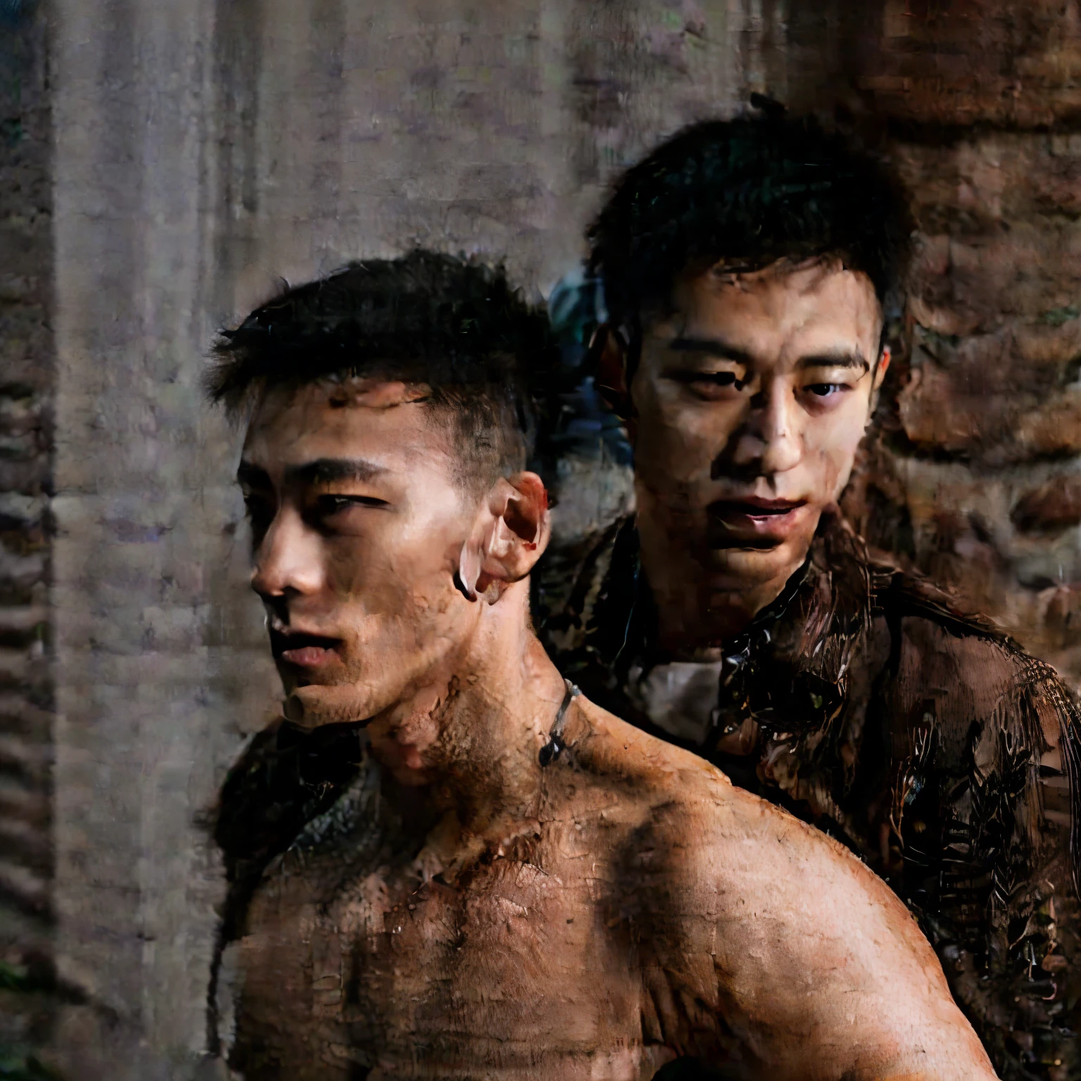 Two men lie down and have sex on the back of the house. See the perfect, handsome, muscular genitals. ((best quality)), ((Masterpiece)), (details), perfect face