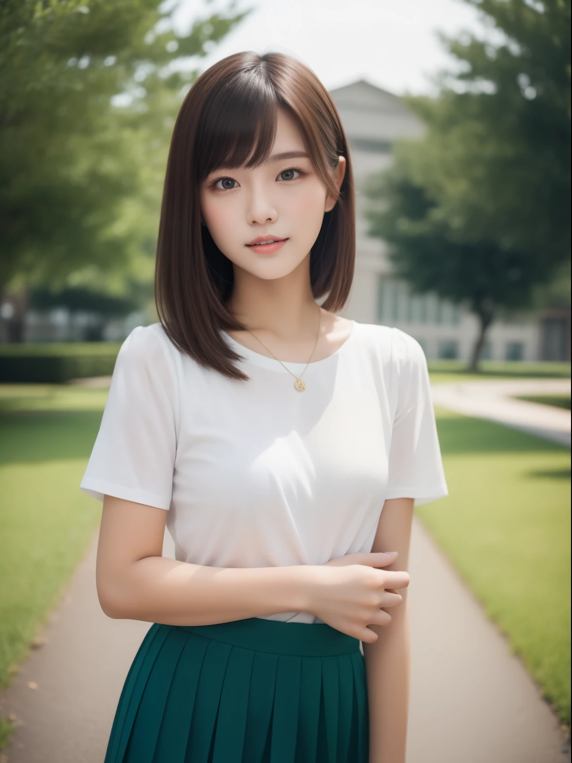 beautiful woman, 98k, {{masterpiece}}, best quality, high quality:1.4), {{[[Look head-on}}, Eye_touch, various postures)]], The face is beautiful, and very pretty Eyes, Lovely图像, charming images, {{whole body}}, {{{{{{{{long legs}}}}}}}}, {{{{slim sexy body}}}}, {{{{{{Short woman}}}}}}, {{Height 154cm}}, alone, beautiful, charming, Lovely, Whitish skin, {{-yeld Tanese girl}}, side bangs,school,Wuling High School,Green shirt,Coffee-colored skirt