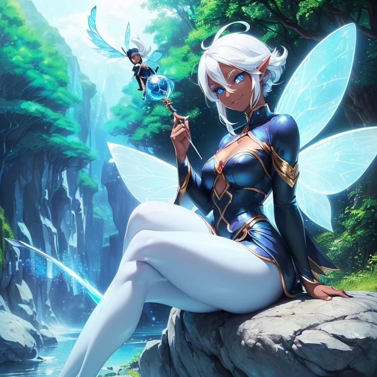 (((I want a fairy woman, with black skin, Detailed blue eyes, sparkling colored wings, body with simple curves, white hair gradient, holding a wand with magic, sitting on a rock surrounded by nature, sweet smile and beautiful clothes)))