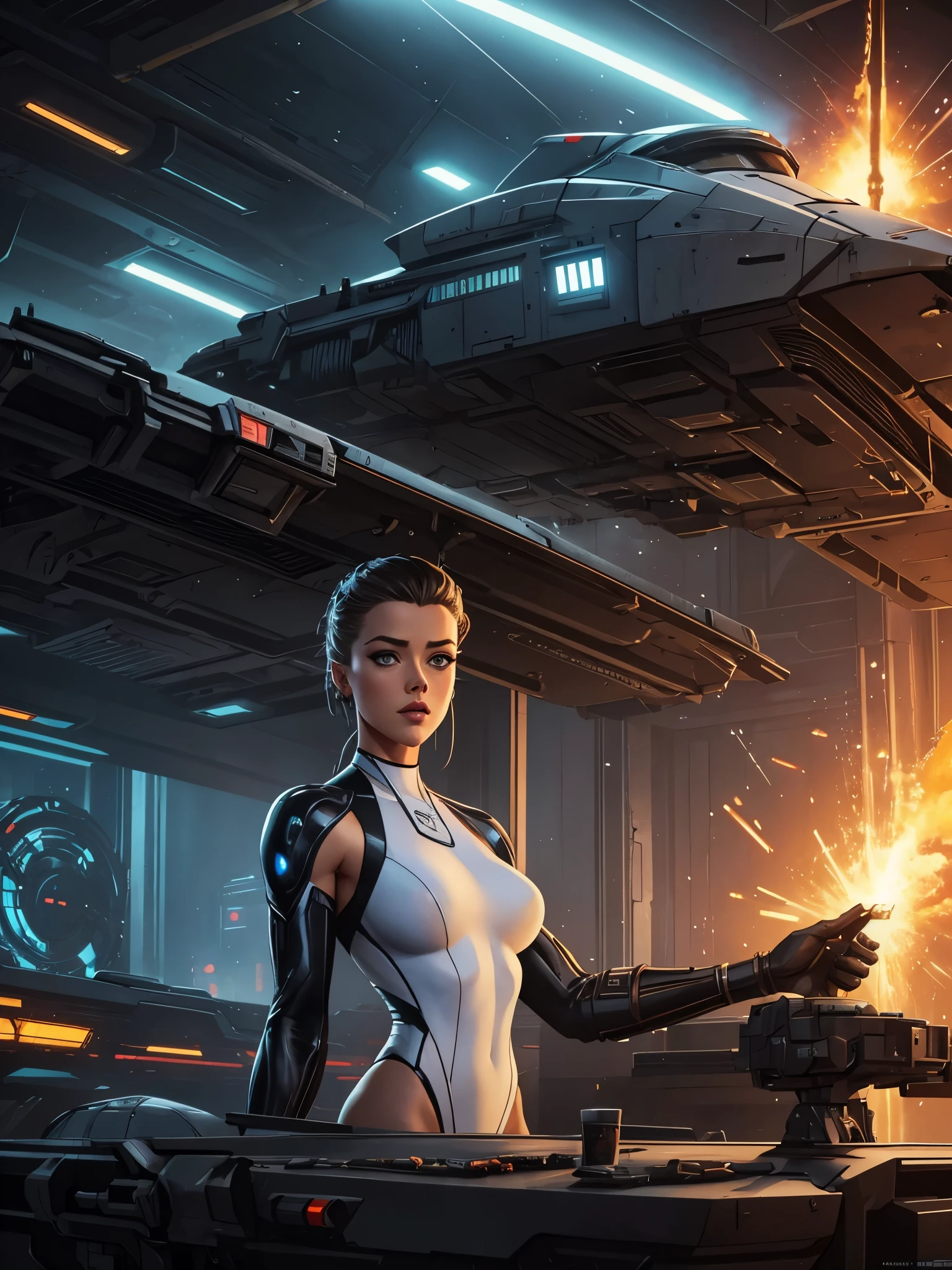 Amber Heard, 25 yo, Perfect Face, Perfect body, bodybuilder, White Swinsuit armored cyberpunk, Pretty Features, Spaceship Interior, Wadim Kashin, James Gurney, INK, Splash Art", Royo, Sharp Focus, Emitting Diodes, Smoke, Artillery, Sparks, Racks, SYSTEM Unit, Motherboard, by Pascal Blanche Rutkowski Repin Artstation Hyperrealism Painting Concept ART of Detailed Character Design Matte Painting, 4K Resolution Blade Runner, Mysterious 