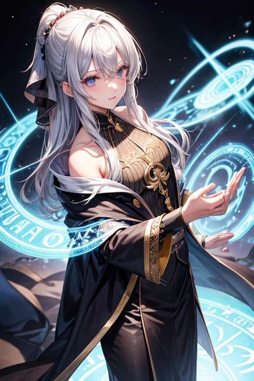 man back magic circle、A hairstyle where all the hair is swept back、odd eye、odd eye、silver hair all back、male、hair is long to the shoulders、odd eye、maleの左目赤色、male右目青、increase wide angle、clear eyes、black gold suit、back magic circle、
