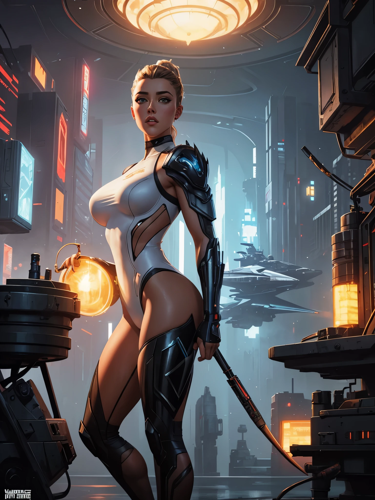 Amber Heard, 25 yo, Perfect Face, Perfect body, bodybuilder, White Swinsuit armored cyberpunk, Pretty Features, Spaceship Interior, Wadim Kashin, James Gurney, INK, Splash Art", Royo, Sharp Focus, Emitting Diodes, Smoke, Artillery, Sparks, Racks, SYSTEM Unit, Motherboard, by Pascal Blanche Rutkowski Repin Artstation Hyperrealism Painting Concept ART of Detailed Character Design Matte Painting, 4K Resolution Blade Runner, Mysterious