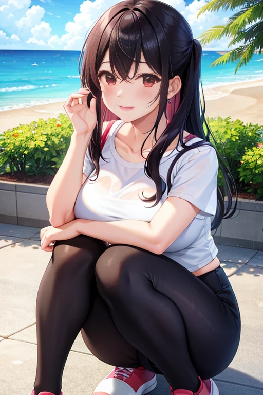 Super detailed，masterpiece，best quality，harf，View，blush blush，Yazawa Nico,red eyes, Blunt hair, 1 female、White clothes、The belly is visible，White bun hairstyle， black hair color hair、chubby、Smile、pale pink lips、Soaked all over，oestrus，Blushed，visible、Red yoga pants，Sit with your knees folded，wet hair，messy hair，on the ground，Squat on your knees，sit down with your knees bent