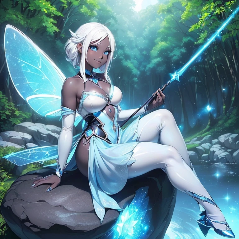 (((I want a fairy woman, with black skin, Detailed blue eyes, sparkling colored wings, body with simple curves, white hair gradient, holding a wand with magic, sitting on a rock surrounded by nature, sweet smile and beautiful clothes)))