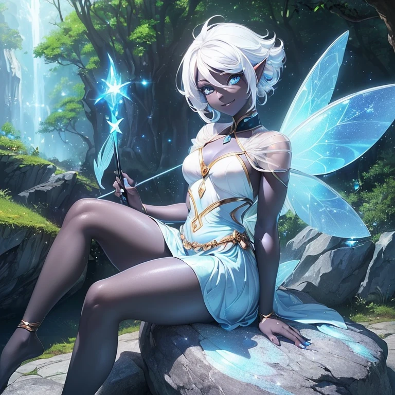 (((I want a fairy woman, with black skin, Detailed blue eyes, sparkling colored wings, body with simple curves, white hair gradient, holding a wand with magic, sitting on a rock surrounded by nature, sweet smile and beautiful clothes)))