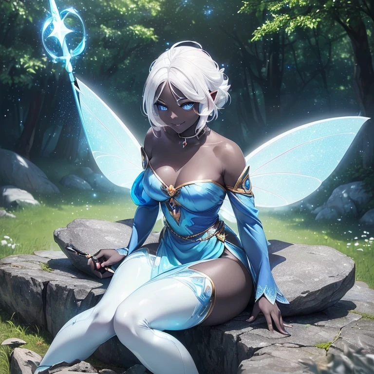 (((I want a fairy woman, with black skin, Detailed blue eyes, sparkling colored wings, body with simple curves, white hair gradient, holding a wand with magic, sitting on a rock surrounded by nature, sweet smile and beautiful clothes)))