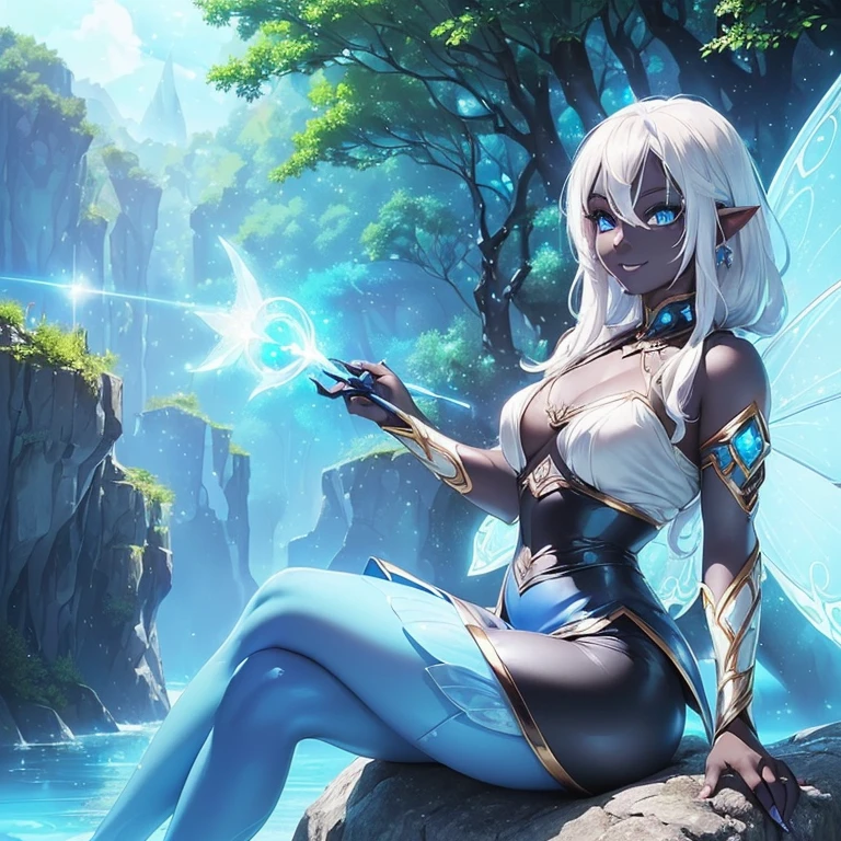 (((I want a fairy woman, with black skin, Detailed blue eyes, sparkling colored wings, body with simple curves, white hair gradient, holding a wand with magic, sitting on a rock surrounded by nature, sweet smile and beautiful clothes)))