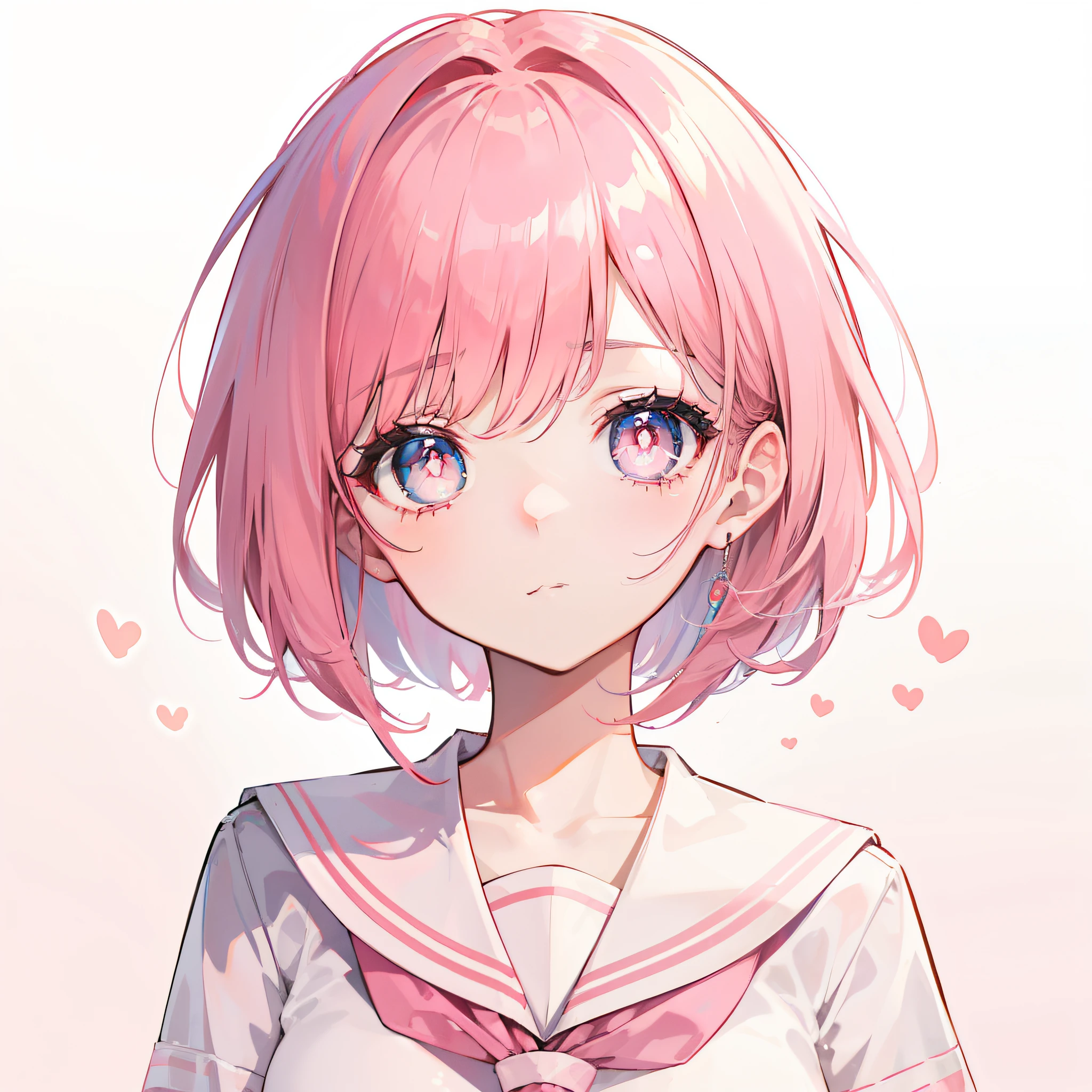 Short pink hair with a sense of transparency,Wearing a light pink school uniform,Light pink pupils,Super cute sweet girl