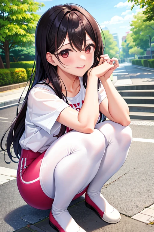 Super detailed,masterpiece,best quality,harf,View,blush blush,Yazawa Nico,red eyes, Blunt hair, 1 female、White clothes、The belly is visible,White bun hairstyle, black hair color hair、chubby、Smile、pale pink lips、Soaked all over,oestrus,Blushed,visible、Red yoga pants,Sit with your knees folded,wet hair,messy hair,on the ground,Squat on your knees,sit down with your knees bent