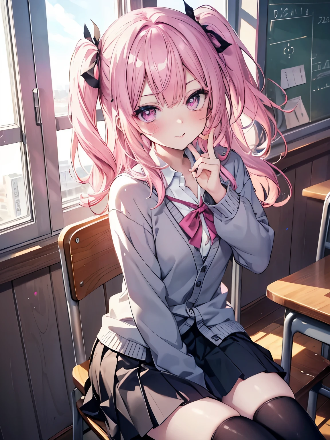 masutepiece, Highest Quality, (Perfect face:1.1), (high detailing:1.1), (ultradetailed eyes), Dramatic, superfine illustration, Extremely detailed,1girl in, (pale skin), Happy, Laugh, Enjoy, Cheerful,gloweyes, two side up,PINK hair,Ethereal eyes, pink eye,blush, Solo,Pouty lips,Cinematic lighting,Looking at Viewer,Cowboy Shot,Long sleeve,school uniform, cardigan,shirt,ribbon,gray skirt,school tights in the morning, Sunny,indoor,school, sit on a chair
