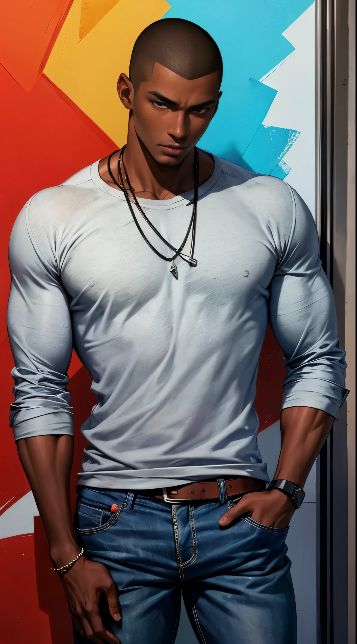 (best quality:1.1),original, 1man,  A handsome man with dark skin, African American man with natural hair, short hair, buzzcut, ebony nose, broad shoulders, tall, masculine, dressed in blue urban clothes and demin jeans, cartoon，anime illustrations, style is abstract beauty, Sundaratang, charming character illustrations, folklore  --ar 2:3 --v 6.0 