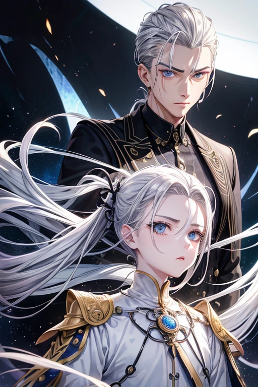 back magic circle、odd eye 、hair style with all hair slicked back、odd eye、odd eye、silver hair all back、male、hair is long to the shoulders、odd eye、maleの左目赤色、male右目青、increase wide angle、clear eyes、black gold suit