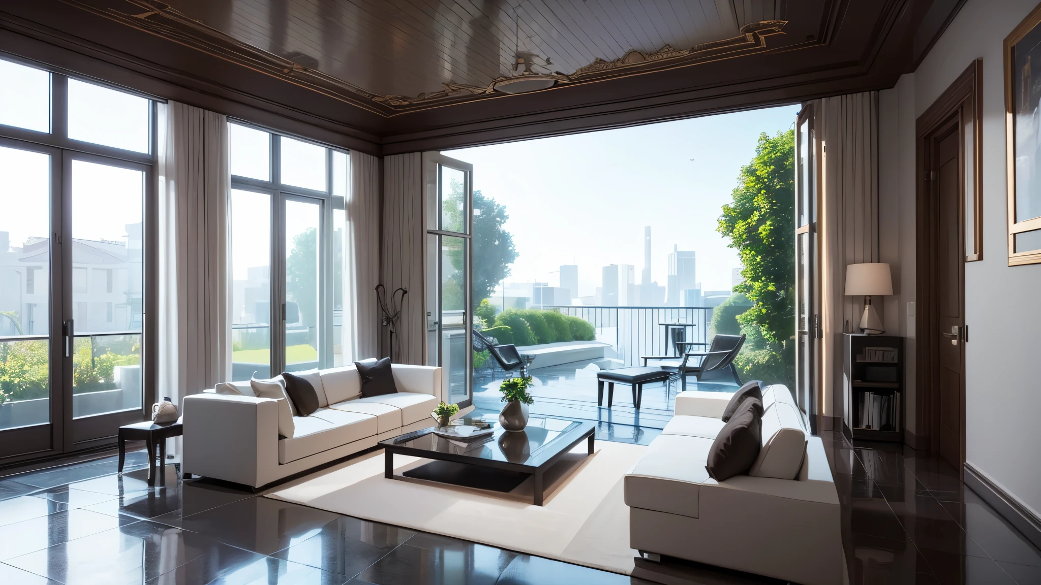 You are a famous interior designer、You have been asked to create a 3D image of a modern large room. Create a harmonious environment with modern and minimalist furniture. Including garden interior.