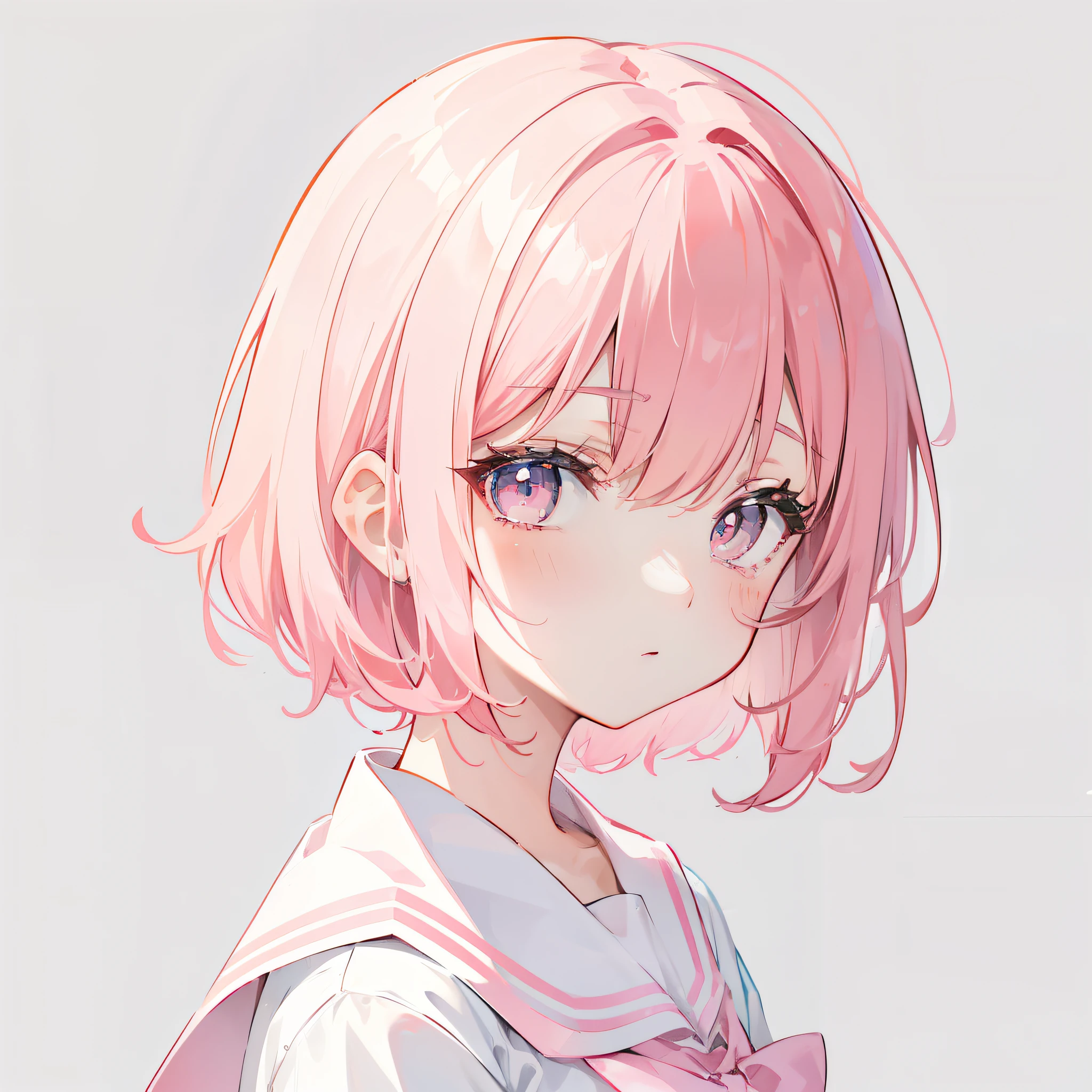 Short pink hair with a sense of transparency，Wearing a milky white ultra-light pink school uniform，Light pink pupils，Super cute sweet girl