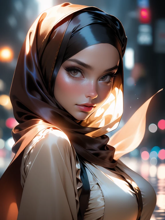 Photo of 25 year old European girl, RAW, beautiful woman, ((wear satin headscarf), loosely tide hijab style), ((portrait)), (Detailed face: 1.2)), (Detailed facial features)), (Fine skin), pale skin, high detail ((brown satin shirt and satin long maxi skirt)), slim body, megacity environment, (cold color), wet, moist, reflection, (masterpiece) ( Perfect proportions) (realistic photos) (highest quality) (detail) shot with Canon EOS R5, 50mm lens, f/2.8, HDR, (8k) (wallpaper) (movie lighting) (dramatic lighting) (sharp focus) (complex) fashion