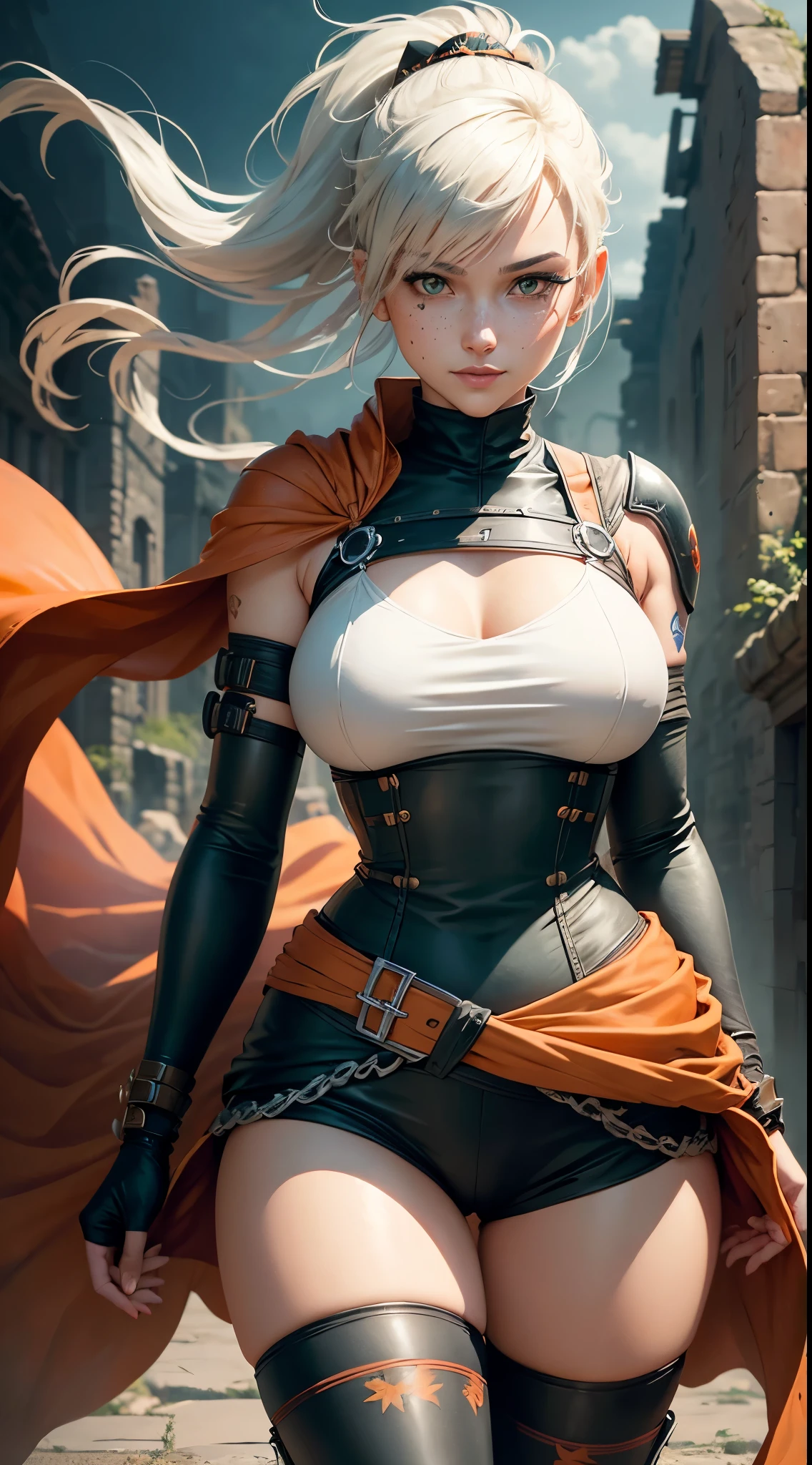 gwen tennyson,1girl,tracer,yorha 2b,rebecca chambers,overwatch,atelier ryza,close up, feudal castle ruins,tattoos,orange and white plugsuit,white short sleeve samurai top,ninja pants,harness corset,long samurai ponytail hair,ninja makeup,green eyes,multicolored silver hair,long dress train,sexy smile,freckles,beautiful girl,thigh high samurai boots,large breasts,8k,ultra detailed,realistic,fantasy art,feudal samurai armor,feudal gown dress,hair pin,samurai ear piercings,lotus hand and neck jewelry,(weather:windy),long orange ninja cloak,(pose:ready to fight),leaves flying,katana sword,