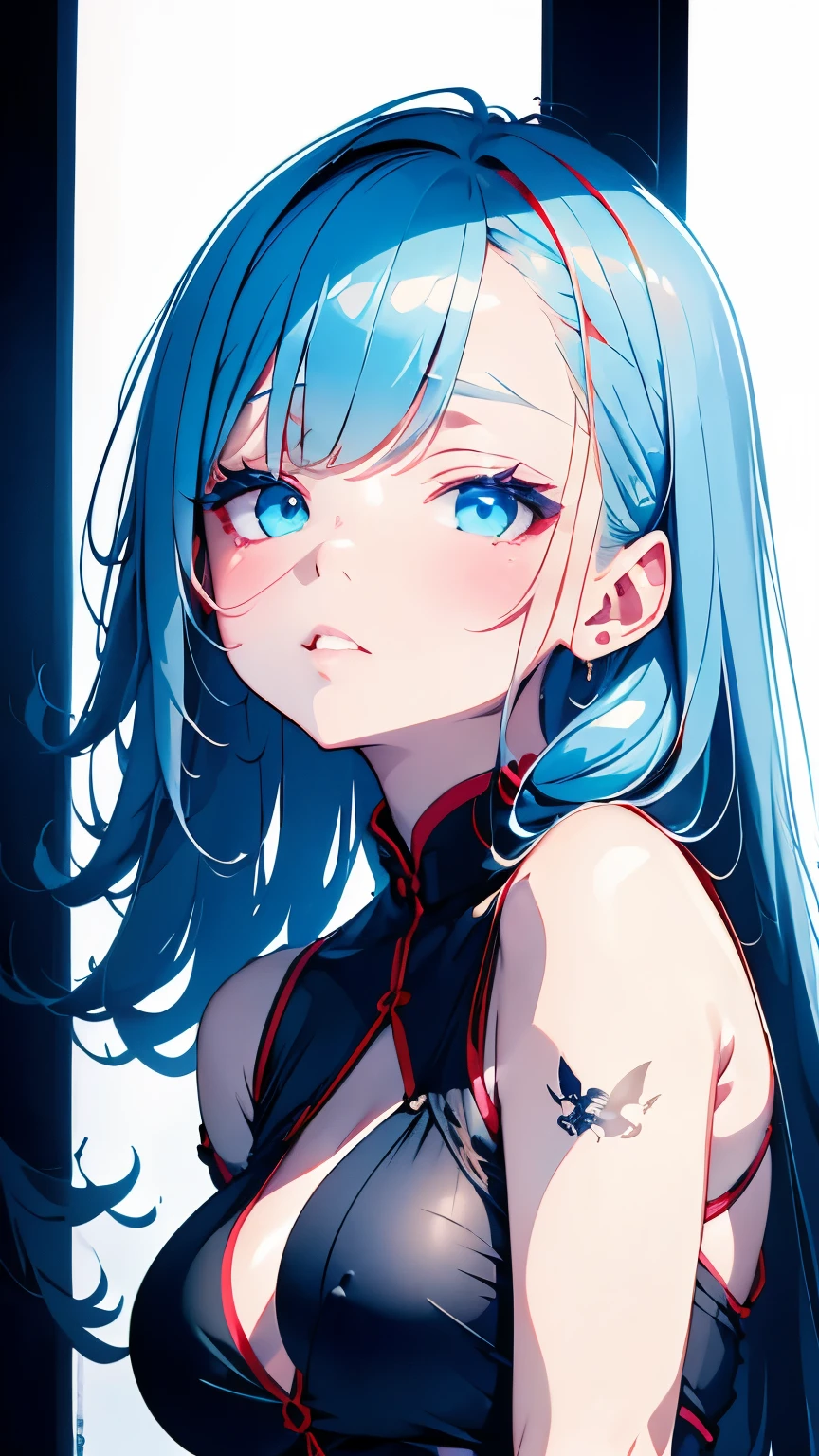 (masterpiece, highest quality, High resolution), white background, acrylic paints, ((color splash, Ink splashes, color splash)), Sweet Chinese Girl, Long Light blue hair, [Light blue|pink] hair, Curly hair, Sparkling, Peach Lips, white shirt, front, Upper body