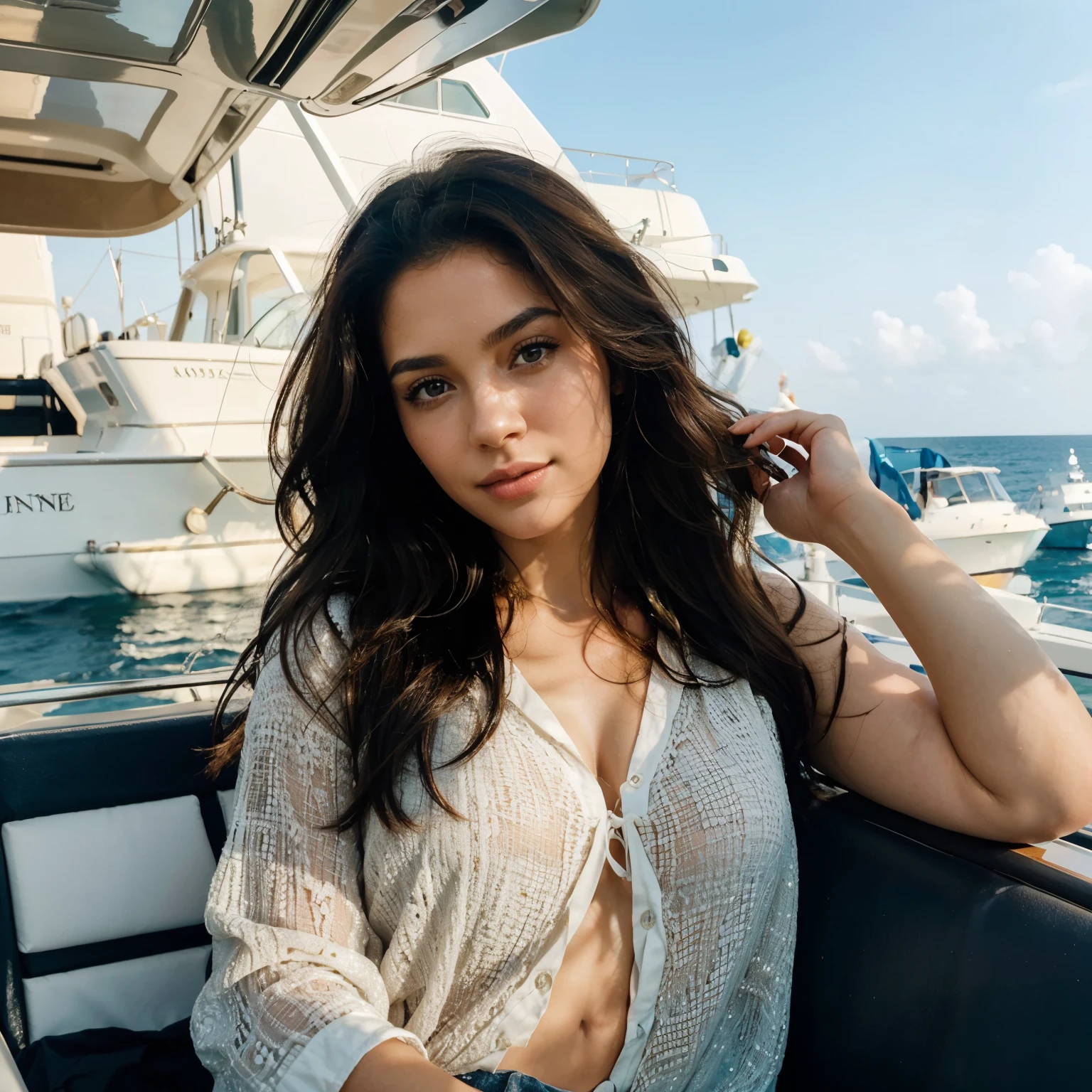 Generate a highly realistic image of a brunette woman on a boat. Her hair should be a rich, dark brown, styled to reflect the casual elegance of a day at sea, with each strand detailed and glistening in the sunlight. Her facial features must be finely detailed: deep, warm brown eyes with intricate irises; a well-defined, graceful nose; and full lips with a natural, subtle color, displaying the textures and gloss of real lips. Her skin should have a warm, natural tone, rendered with fine details to capture the interplay of sunlight and the marine setting.
She's dressed in a stylish yet comfortable maritime outfit, with fabric textures that look natural and suitable for a day on the boat.
The boat is in a serene marine environment, possibly with views of the open ocean, distant land, or a clear blue sky. The lighting is bright and natural, reflecting the outdoor, sunny setting, casting soft shadows and highlighting the beauty of the scene. The focus is on the woman, making her the central figure against the backdrop of the vast and tranquil waters, capturing her relaxed and elegant presence in the maritime setting.