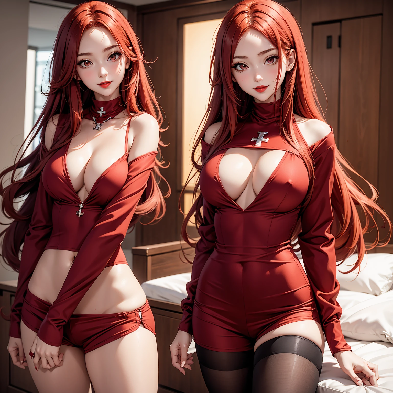 1 anime girl, long red hair,, mock neck long sleeve outfit, cross shoulder, shorts, red lips, smirking,masterpiece,ultra quality, super detailed, NSFW, big breasts,