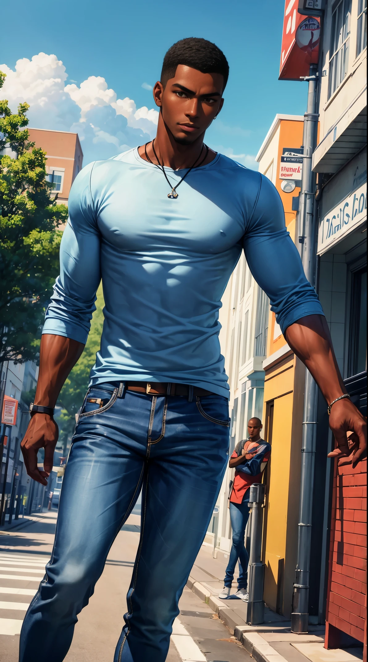 (best quality:1.1),original, 1man,  A handsome man with dark skin, African American man with natural hair, short hair, buzzcut, ebony nose, broad shoulders, tall, masculine, dressed in blue urban clothes and demin jeans, cartoon，anime illustrations, style is abstract beauty, Sundaratang, charming character illustrations, folklore  --ar 2:3 --v 6.0 