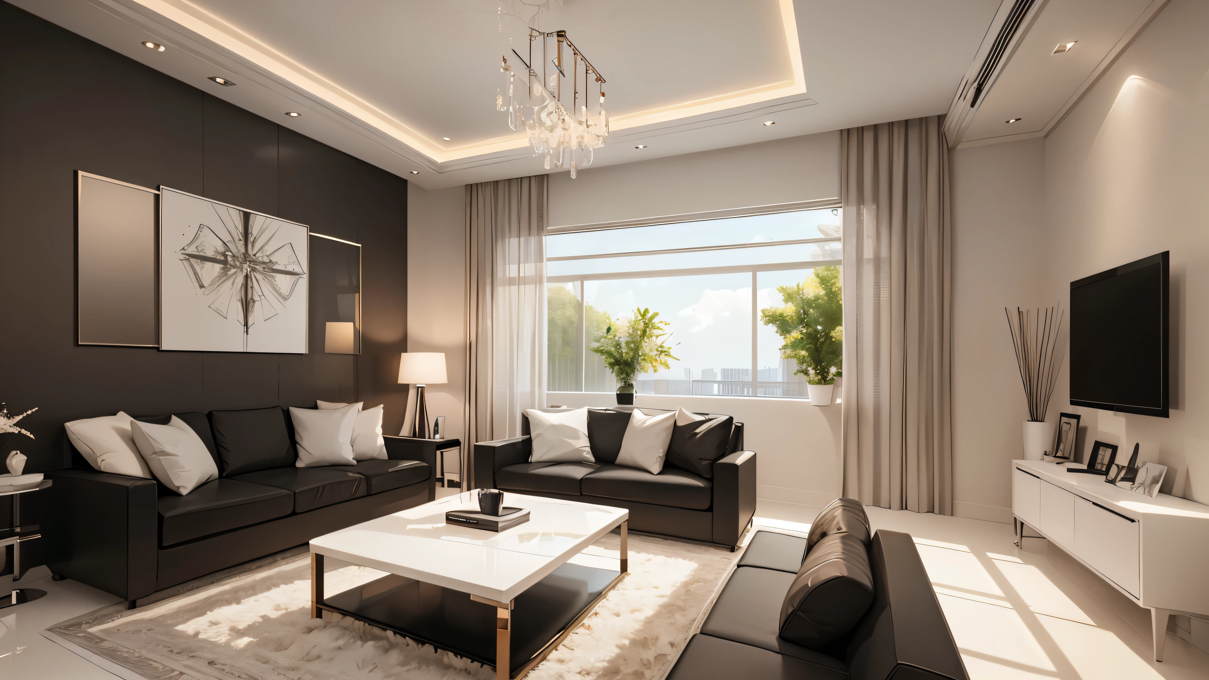 You are a famous interior designer、You have been asked to create a 3D image of a modern large room. Create a harmonious environment with modern and minimalist furniture. Including garden interior.